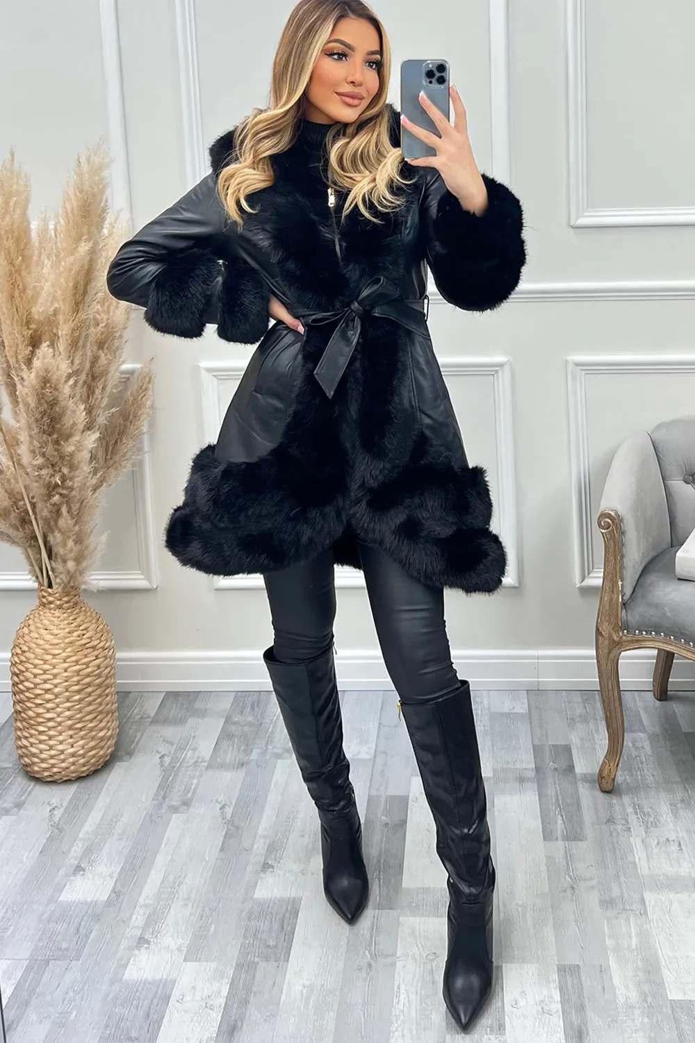 Blake Black PU Faux Leather Faux Fur Tiered Zip Belted Longline Coat