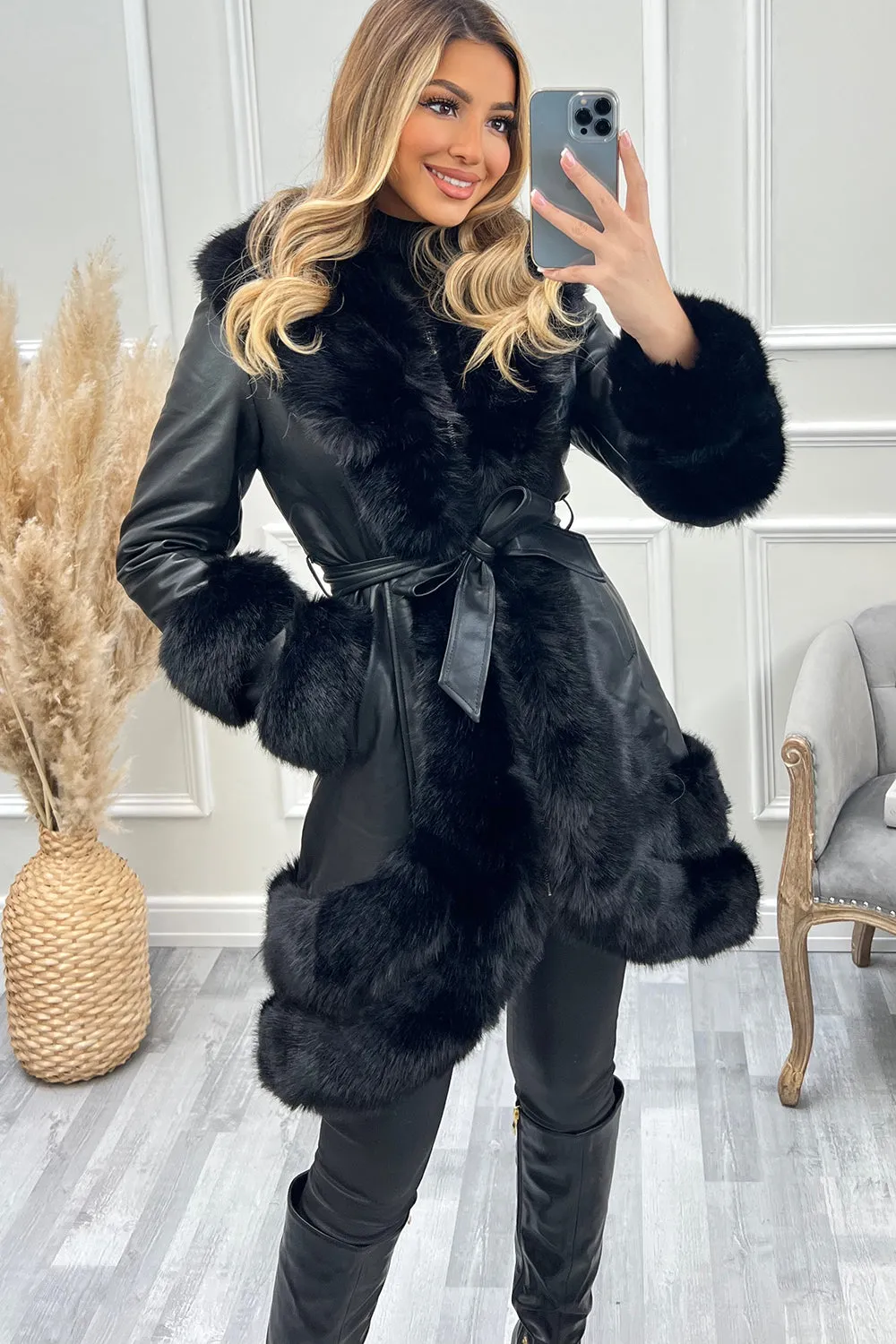 Blake Black PU Faux Leather Faux Fur Tiered Zip Belted Longline Coat