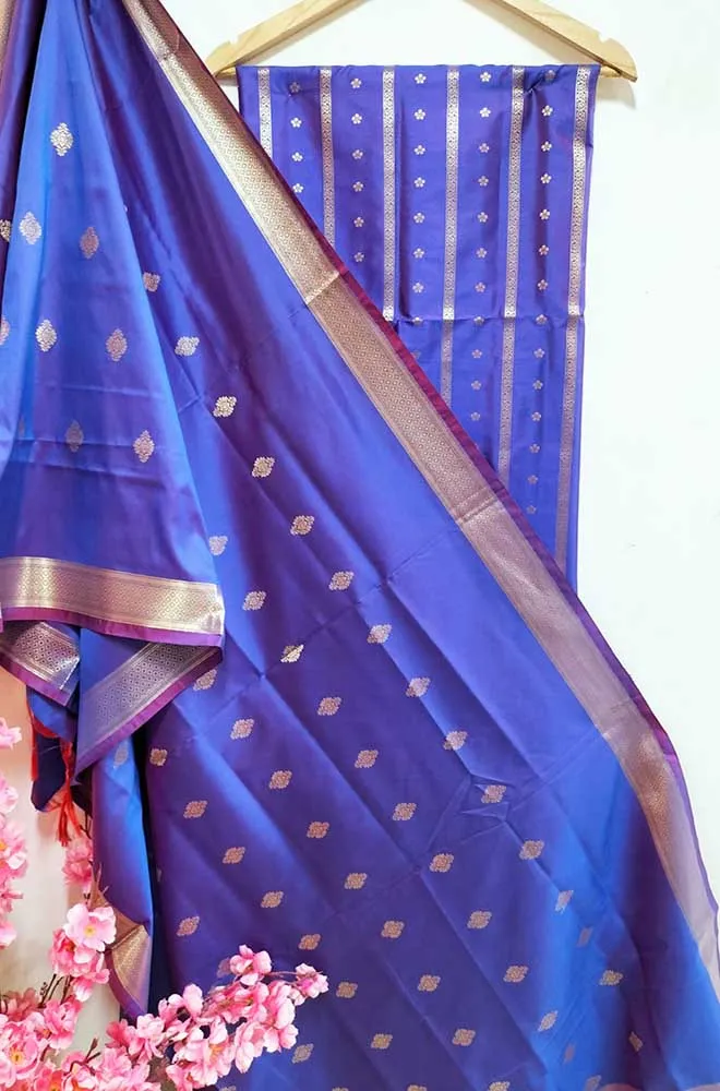 Blue And Purple Shot Banarasi Silk Three Piece Unstitched Suit Set