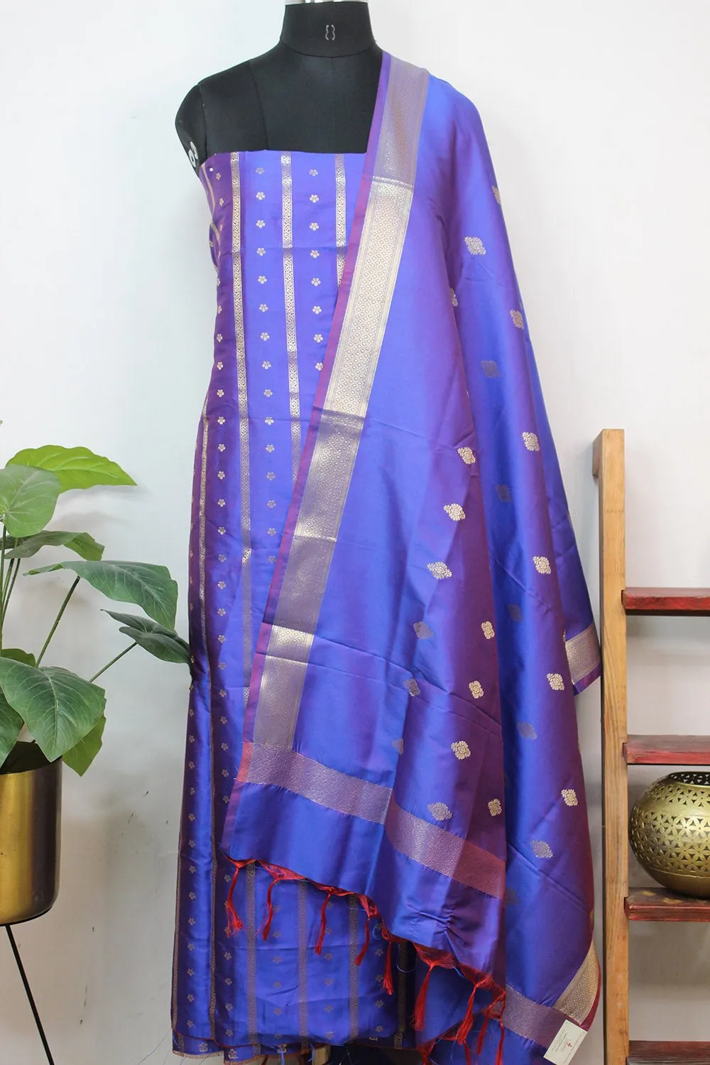 Blue And Purple Shot Banarasi Silk Three Piece Unstitched Suit Set