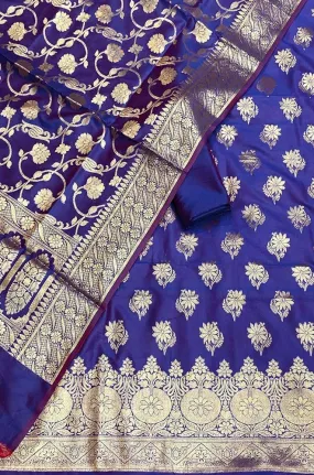 Blue Banarasi Silk Three Piece Unstitched Suit Set