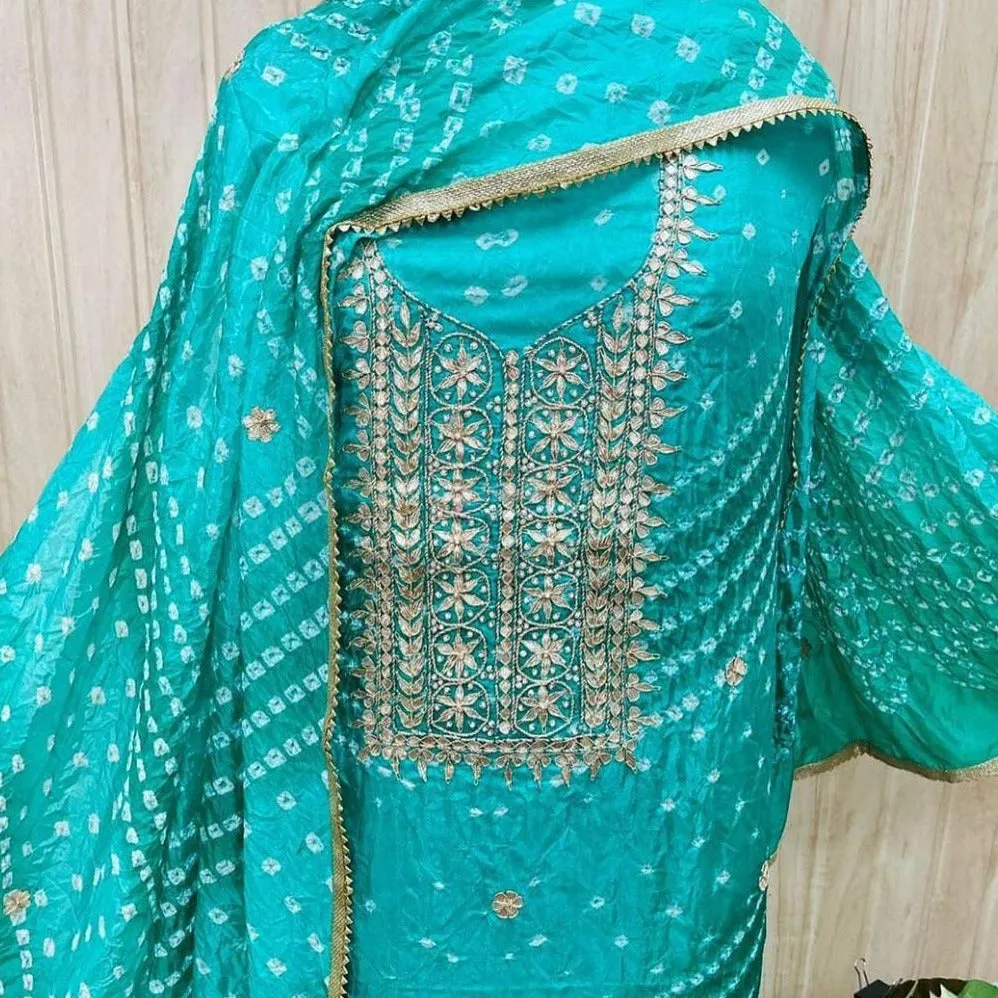 Blue Color Bandhej Silk Gota Work Suit Set