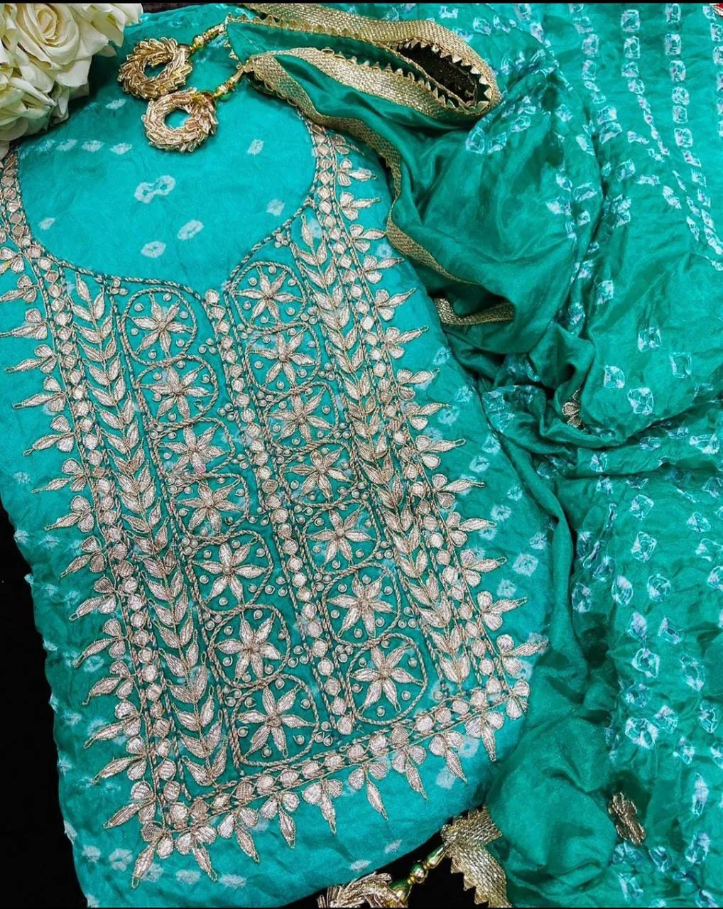 Blue Color Bandhej Silk Gota Work Suit Set