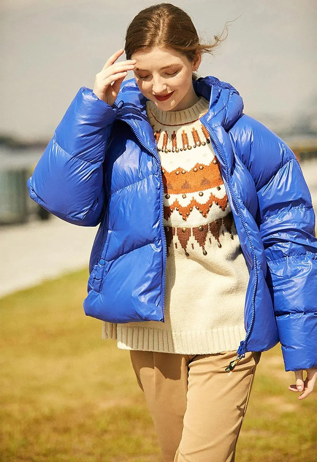 Blue Thickened Hood Down Puffer Jacket