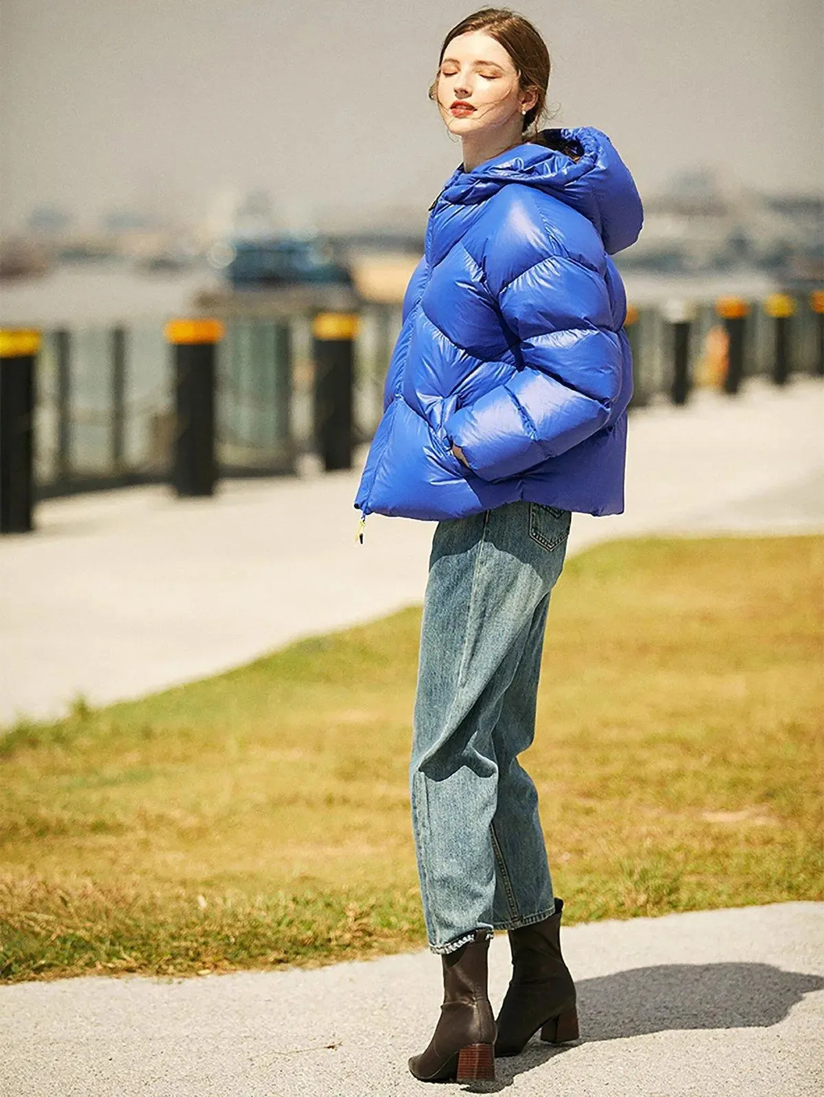 Blue Thickened Hood Down Puffer Jacket