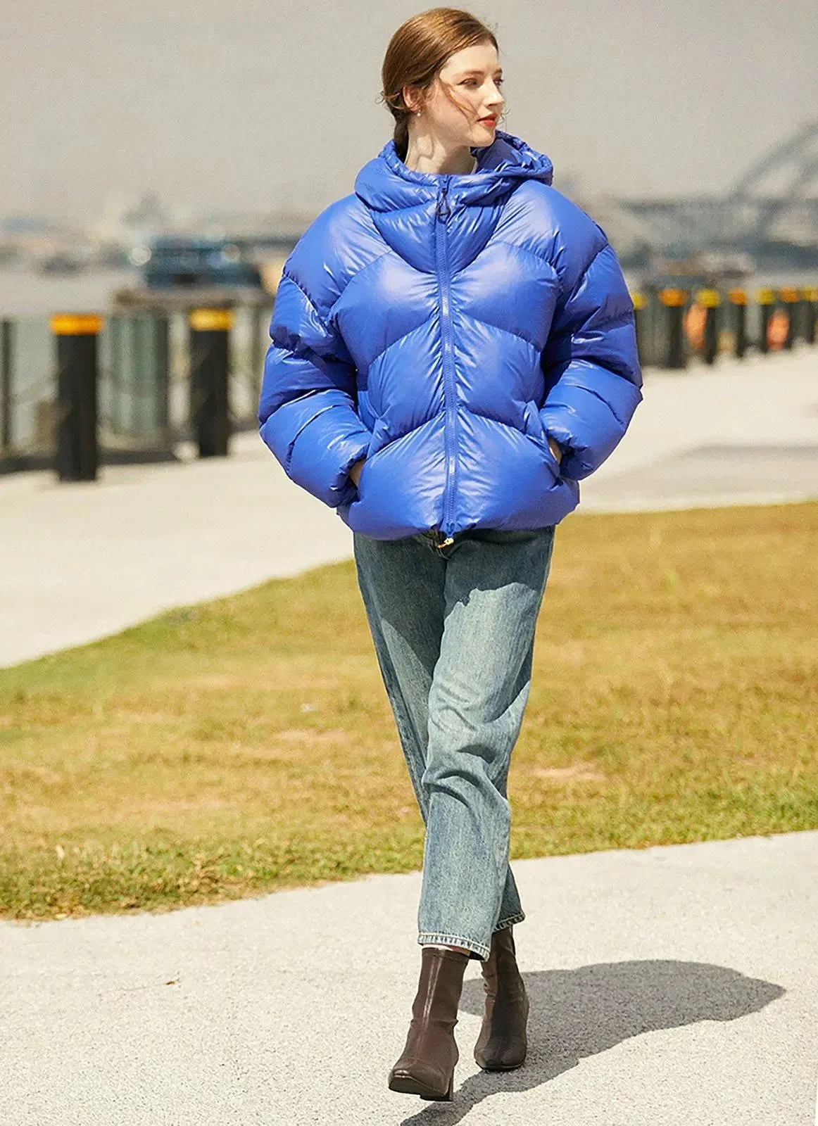 Blue Thickened Hood Down Puffer Jacket