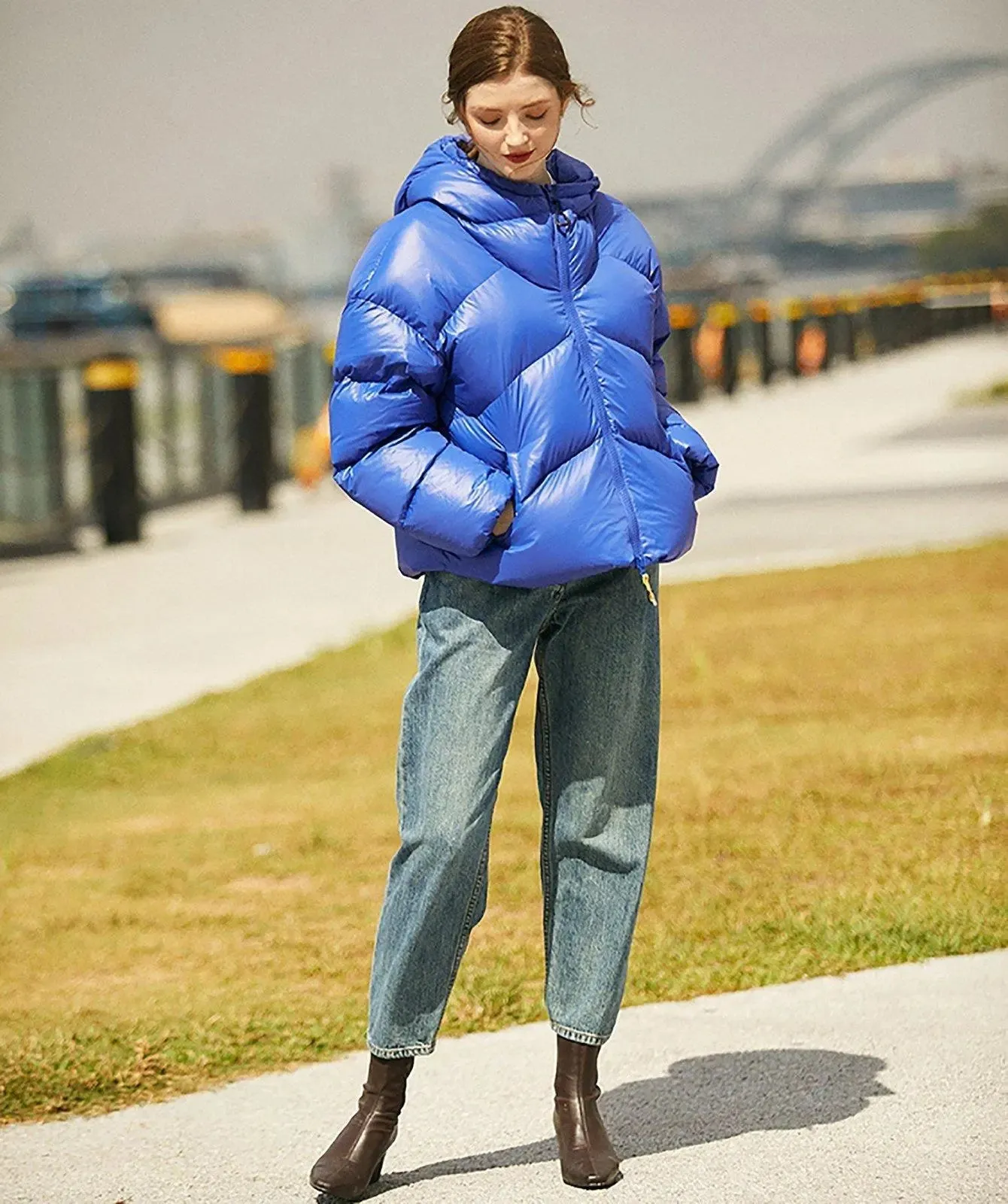 Blue Thickened Hood Down Puffer Jacket