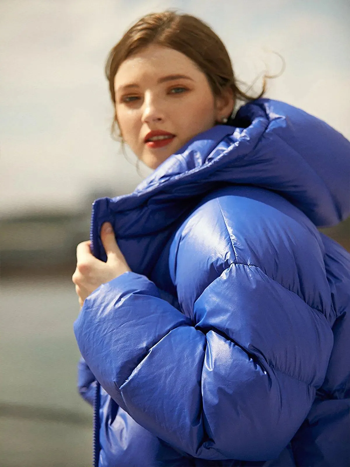 Blue Thickened Hood Down Puffer Jacket