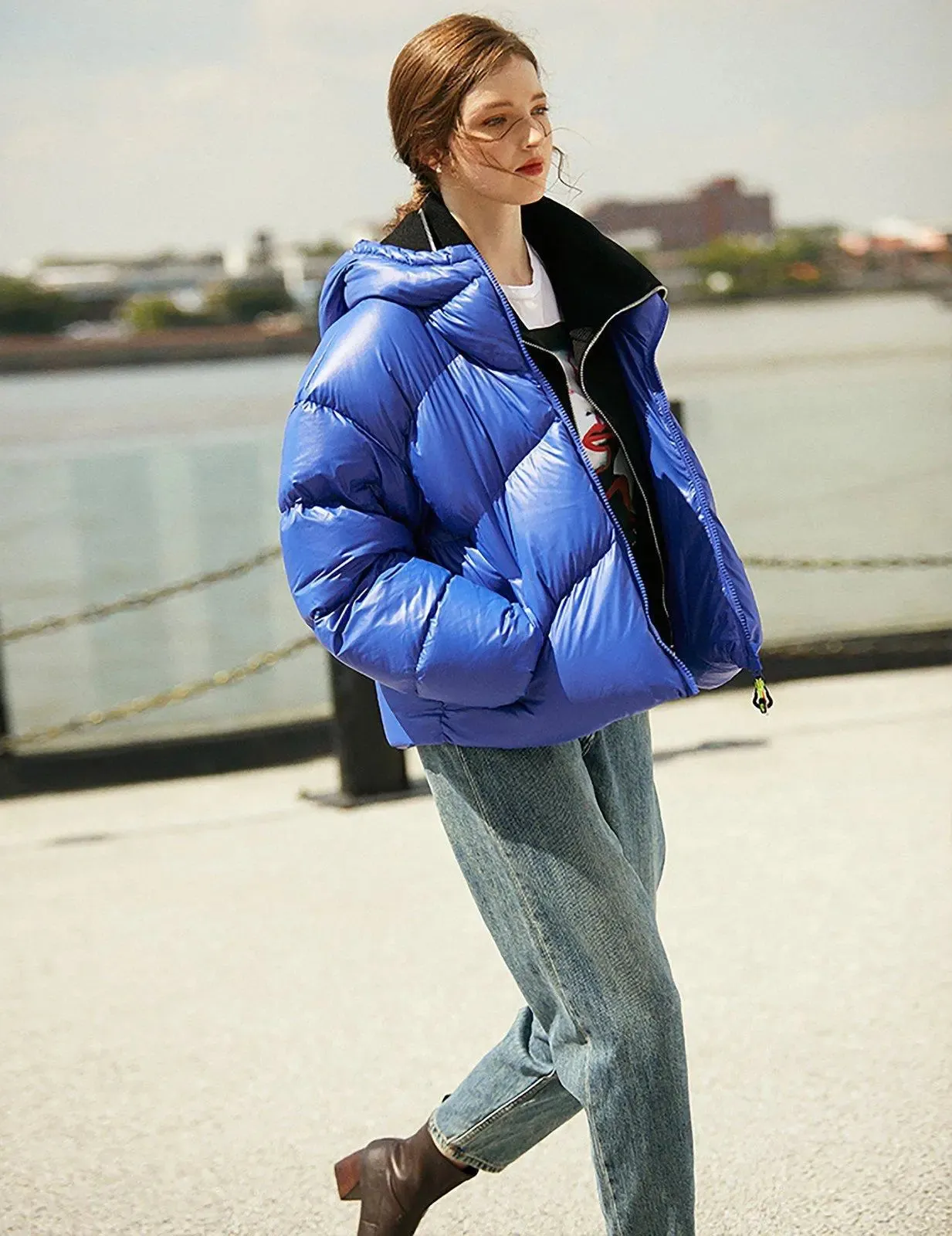 Blue Thickened Hood Down Puffer Jacket