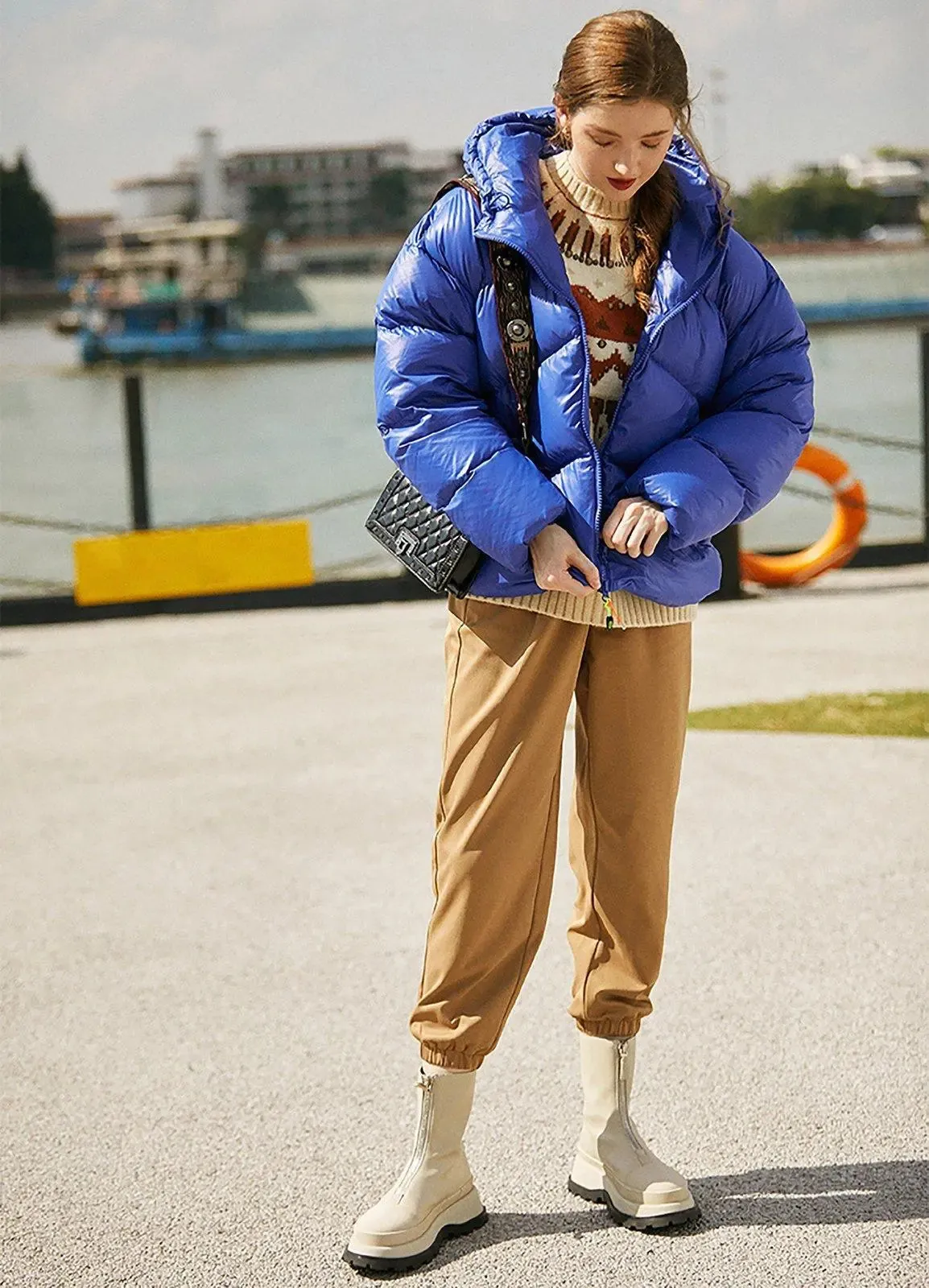 Blue Thickened Hood Down Puffer Jacket