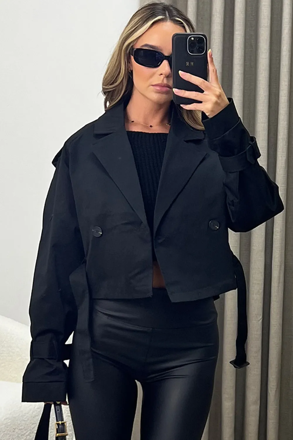 Breanna Black Belted Long Sleeve Cropped Trench Jacket