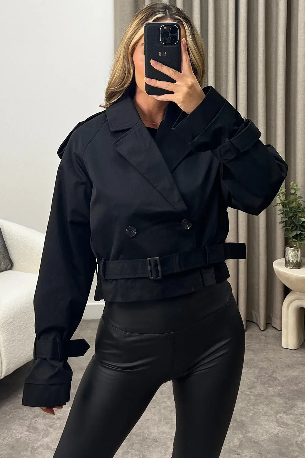 Breanna Black Belted Long Sleeve Cropped Trench Jacket