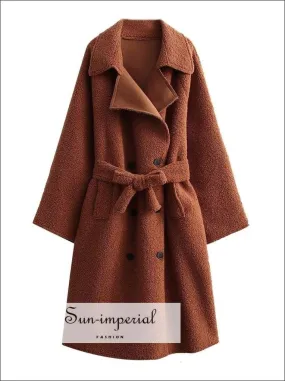 Brown Maxi Tie Waist Faux Lamb Fur Long Sleeve Oversized Warm Outerwear Trench Coat