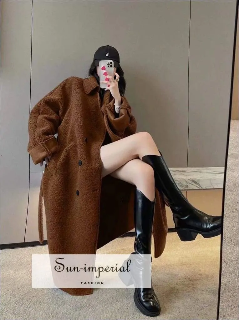 Brown Maxi Tie Waist Faux Lamb Fur Long Sleeve Oversized Warm Outerwear Trench Coat