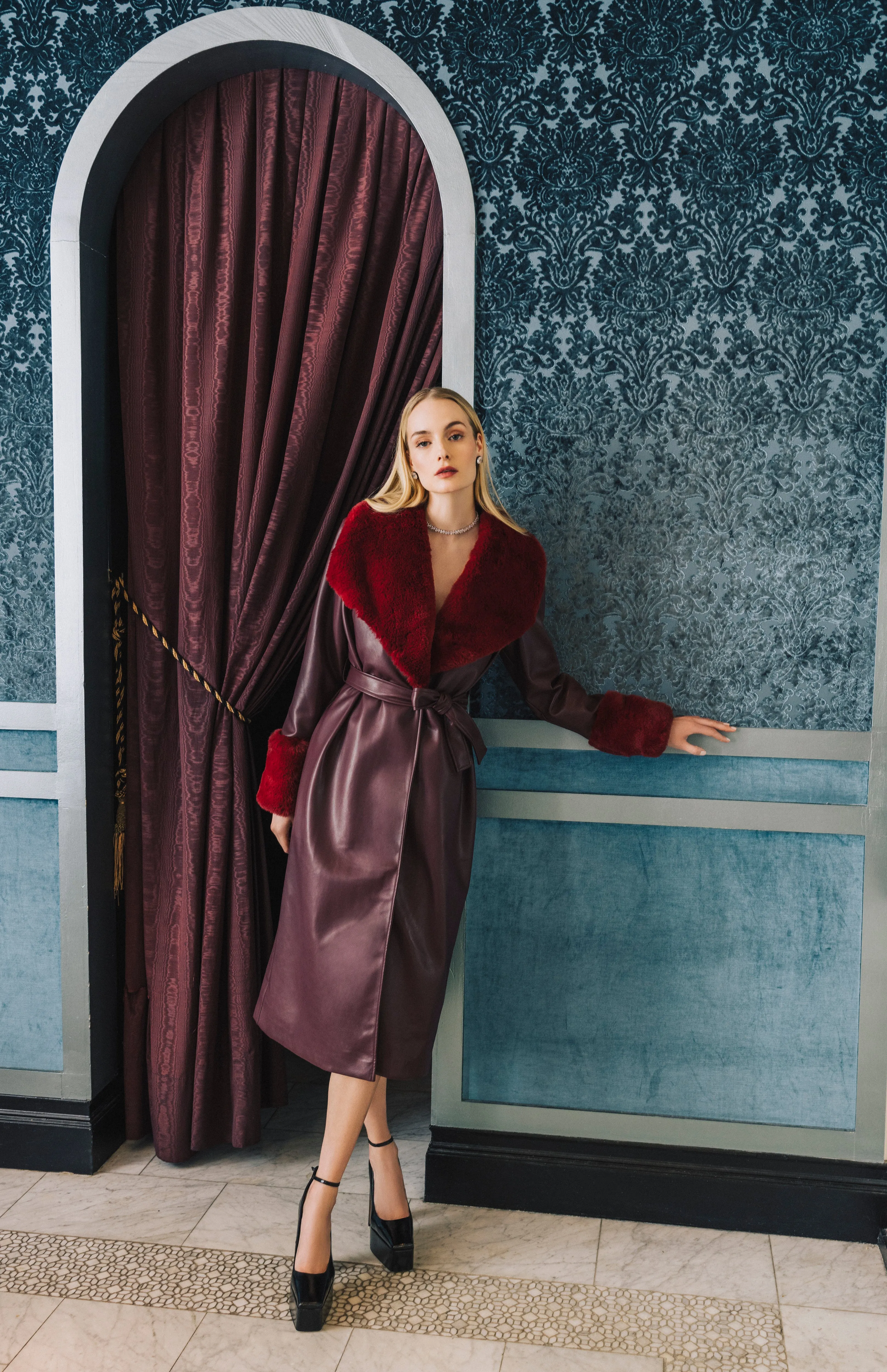 Burgundy 'Leather' & Faux Fur Wrap Coat