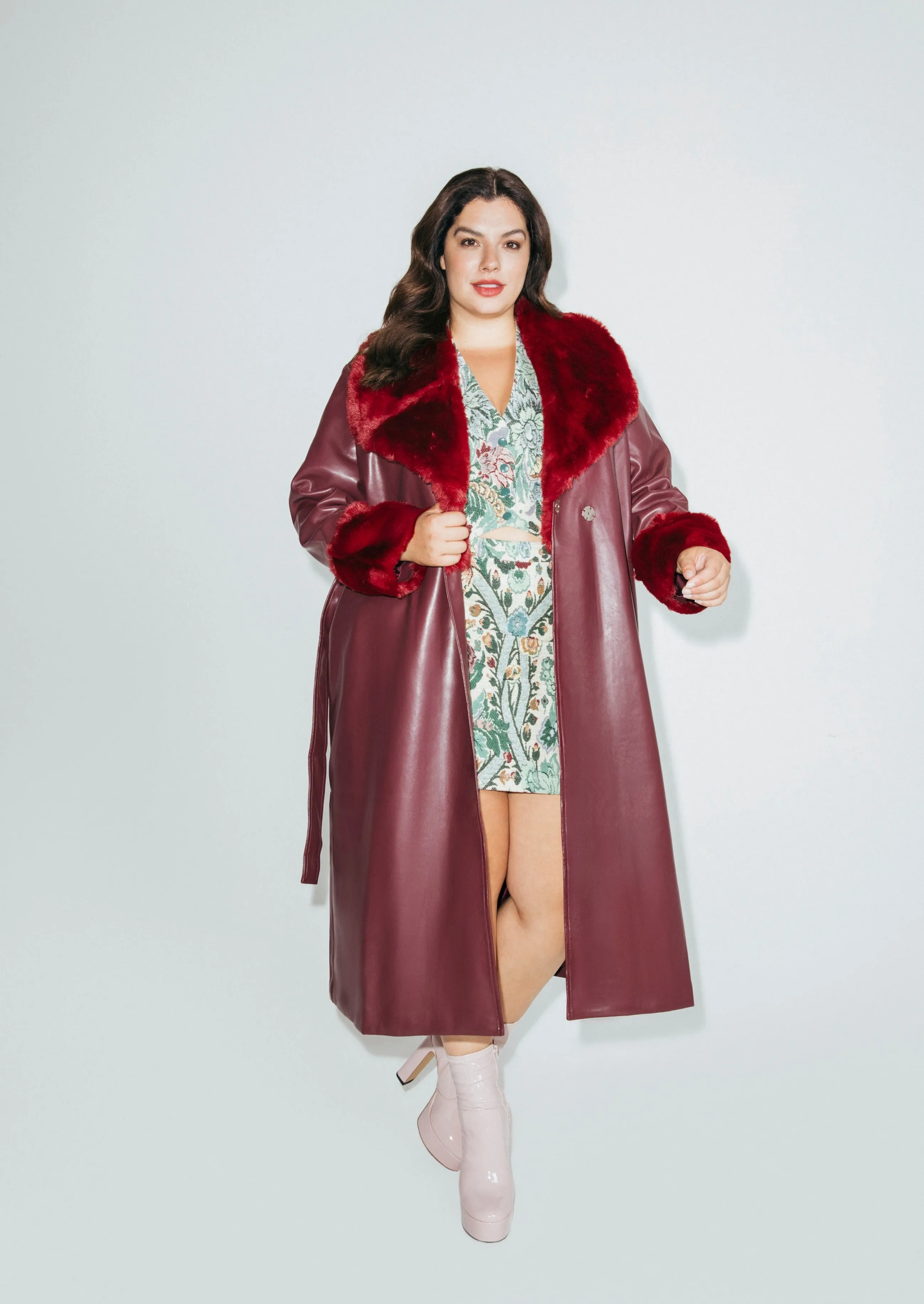 Burgundy 'Leather' & Faux Fur Wrap Coat