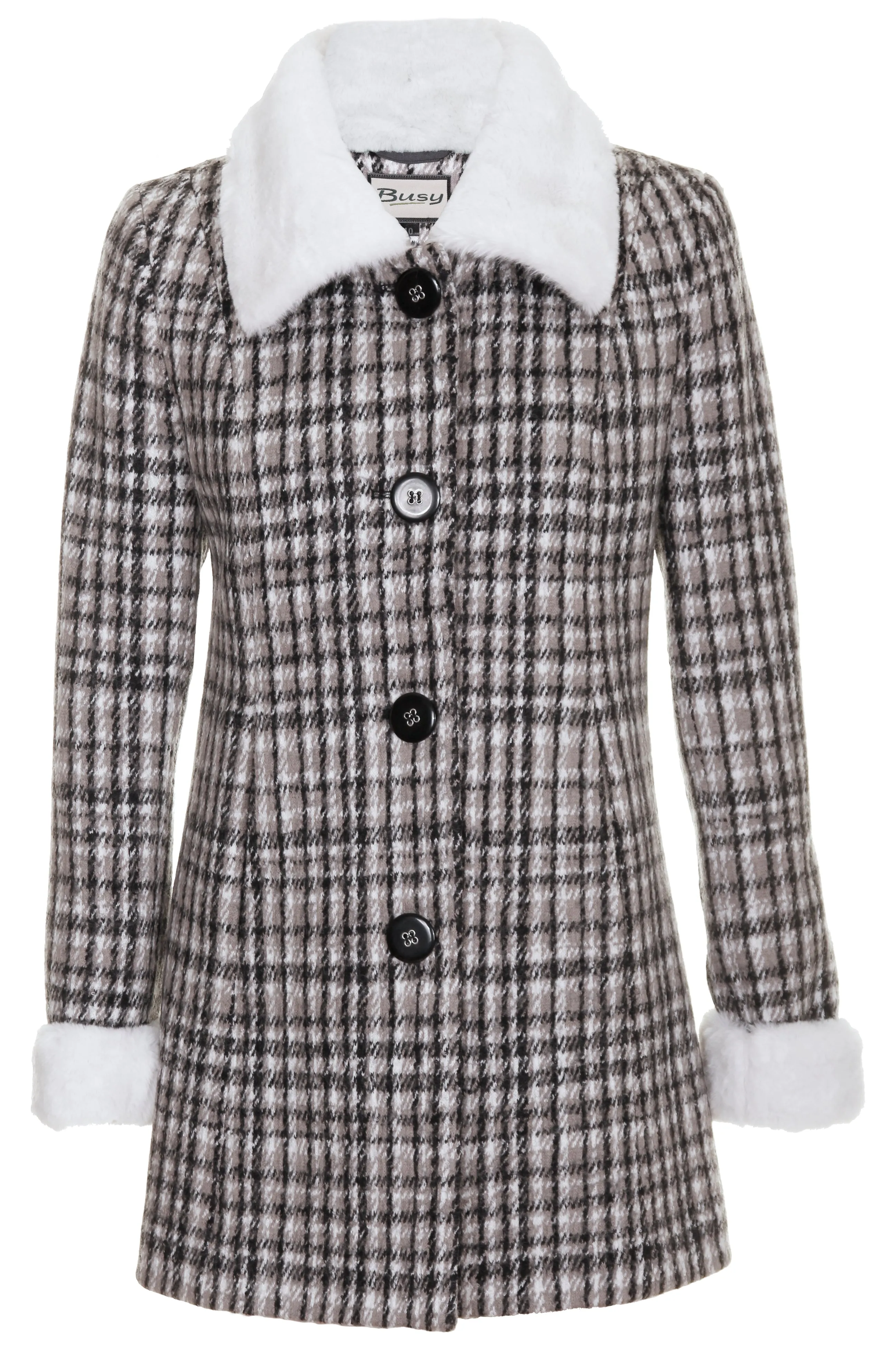 Busy Womens Check Wool Blend Coat with Faux Fur Collar