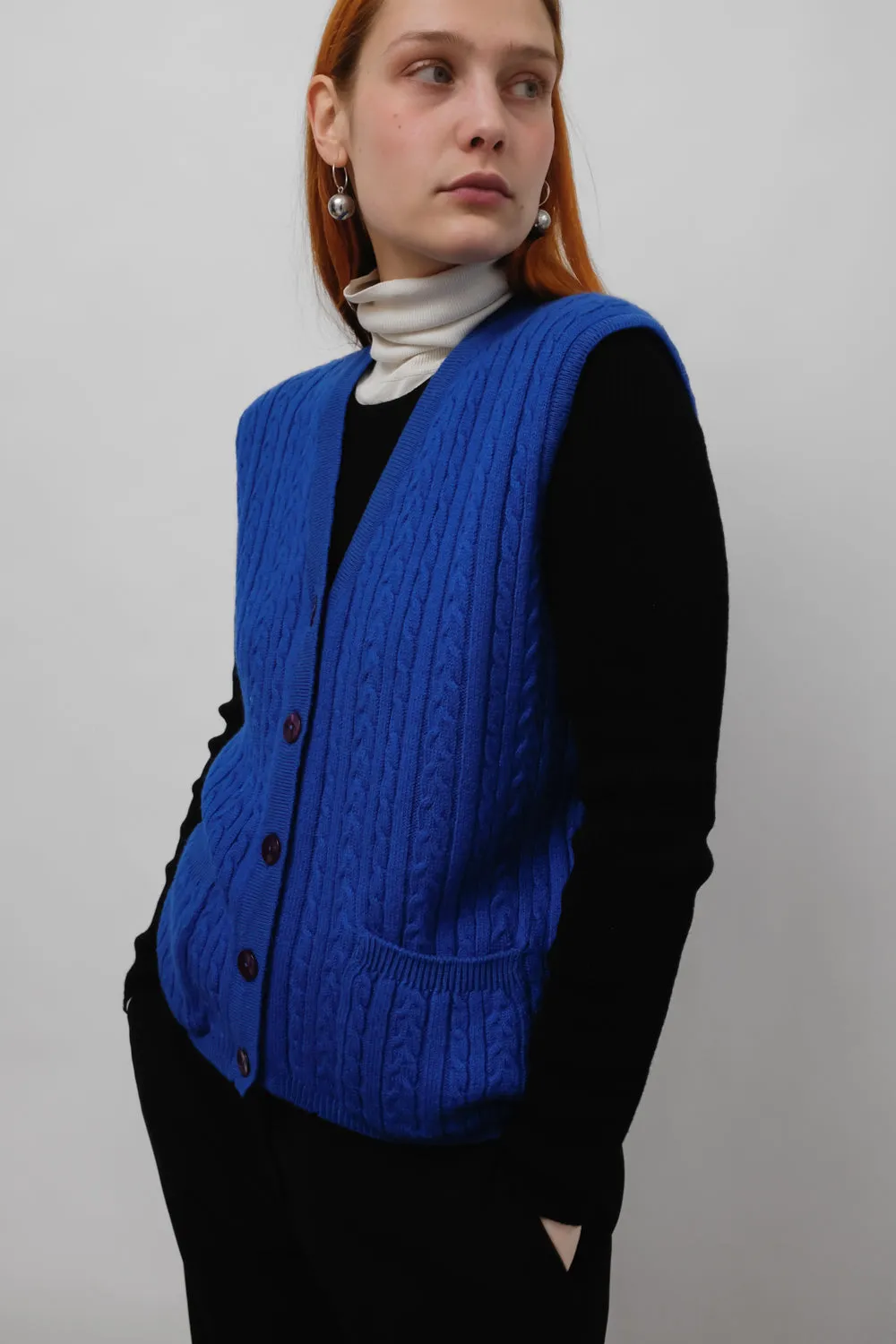 CABLE KNIT BLUE WOOL VINTAGE VEST