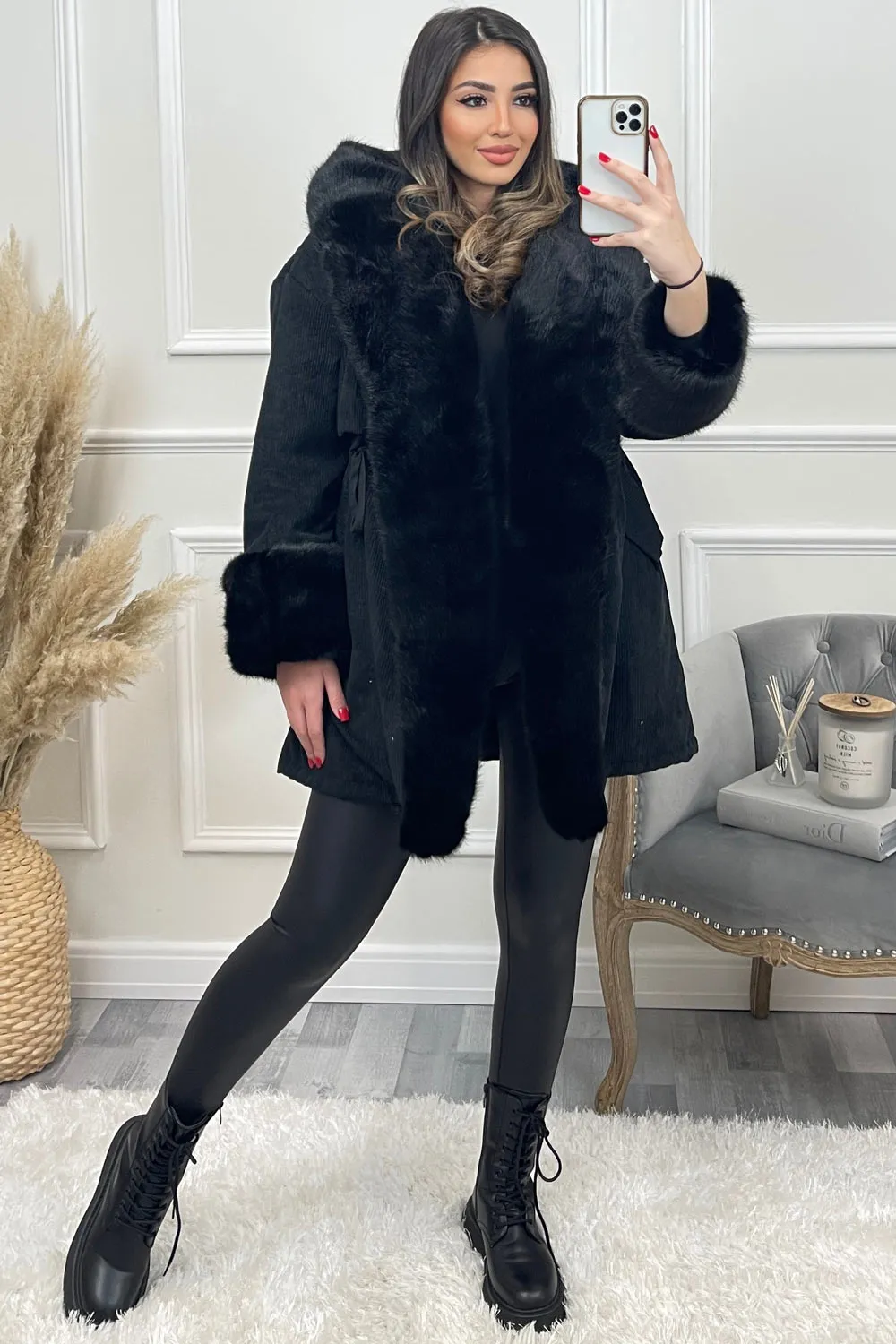 Cacia Black Cord Ribbed Faux Fur Trim Coat