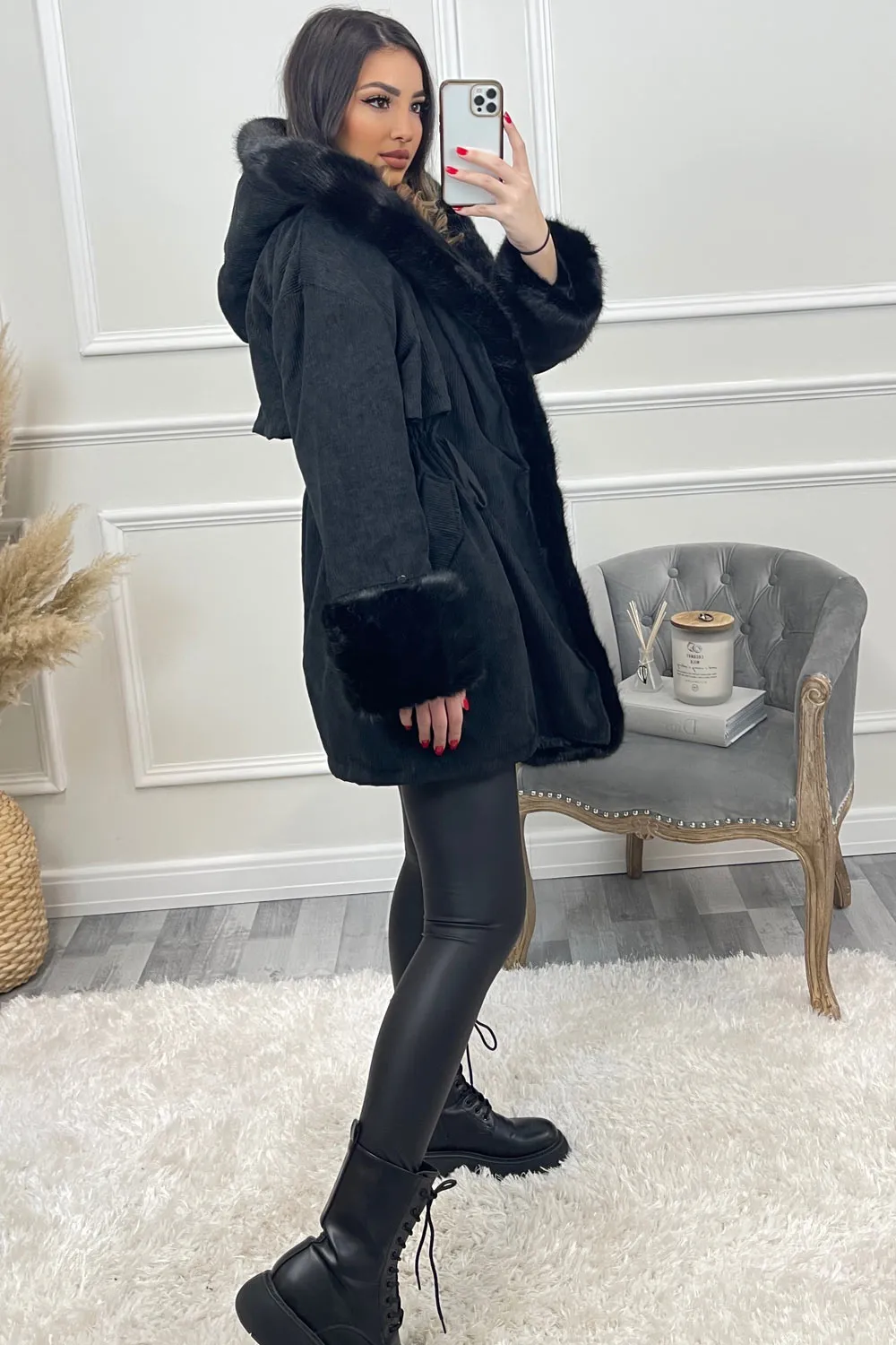 Cacia Black Cord Ribbed Faux Fur Trim Coat