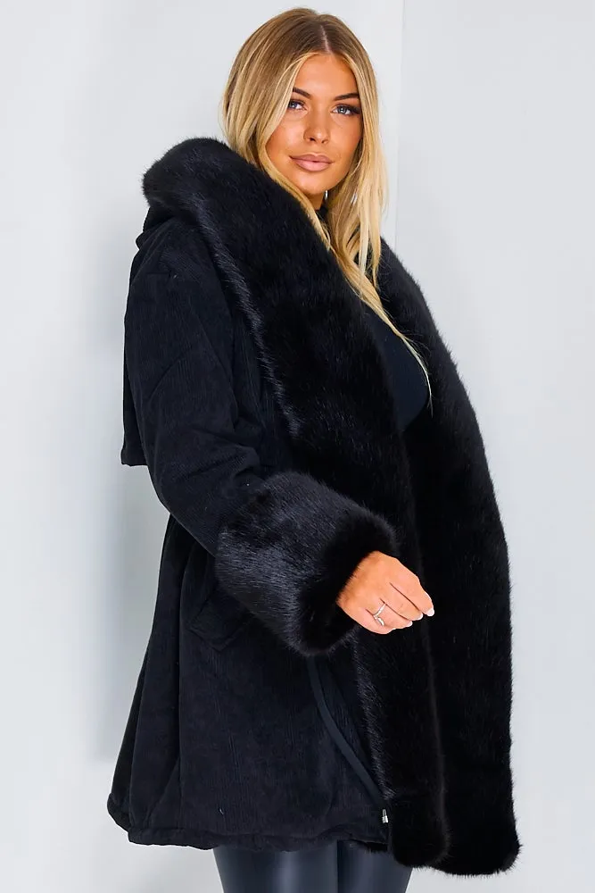 Cacia Black Cord Ribbed Faux Fur Trim Coat