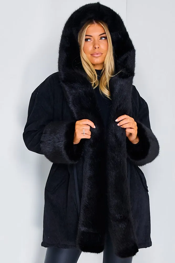 Cacia Black Cord Ribbed Faux Fur Trim Coat