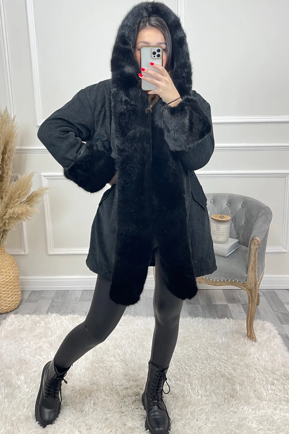 Cacia Black Cord Ribbed Faux Fur Trim Coat