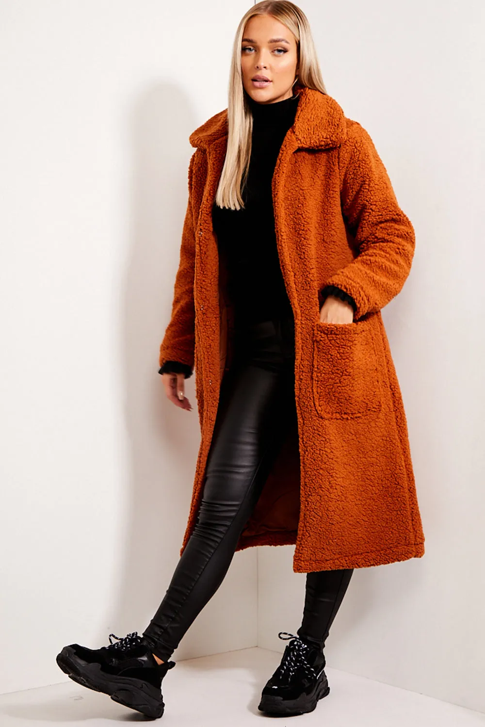 Camel Borg Teddy Longline Coat