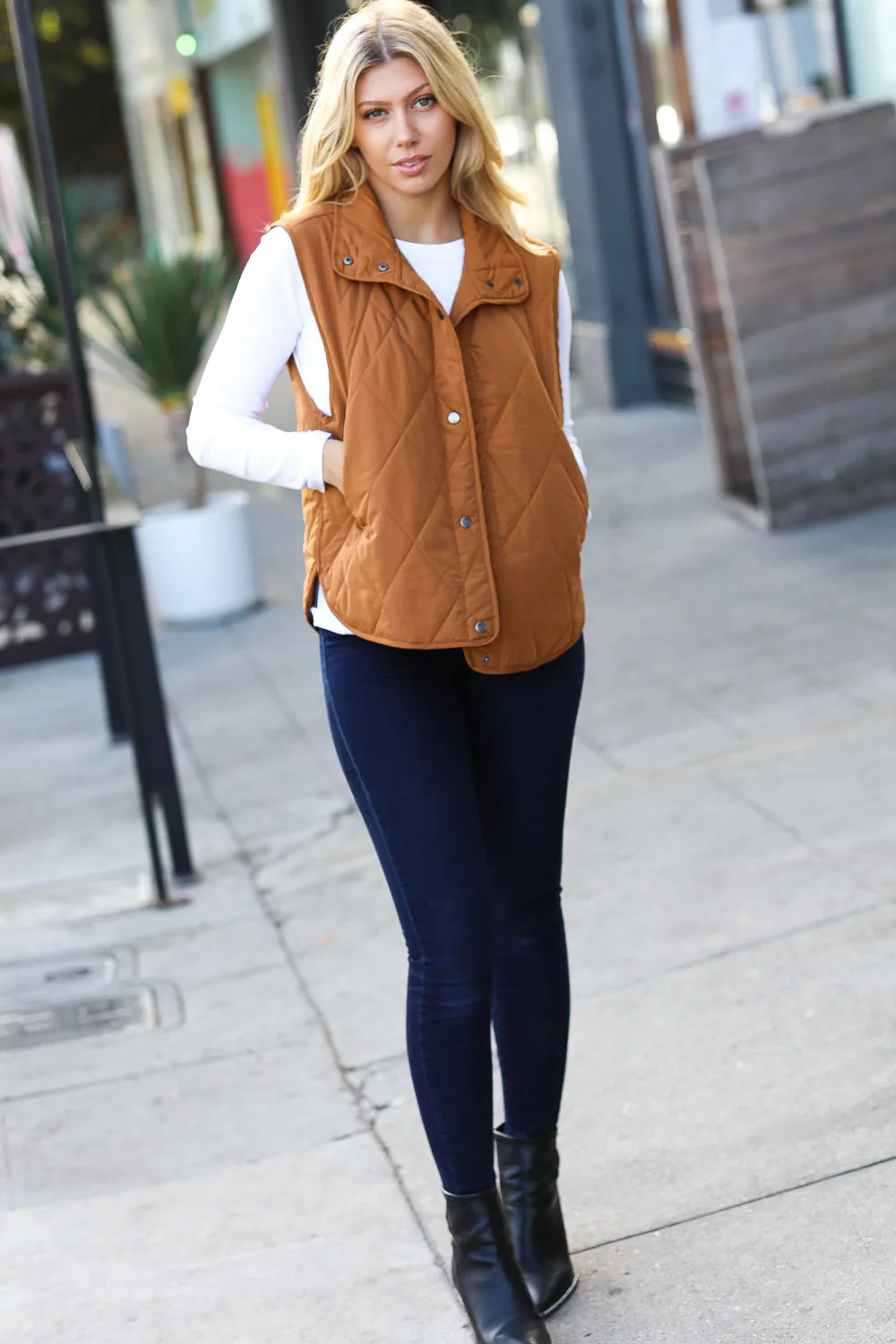 Camel High Neck Quilted Puffer Vest