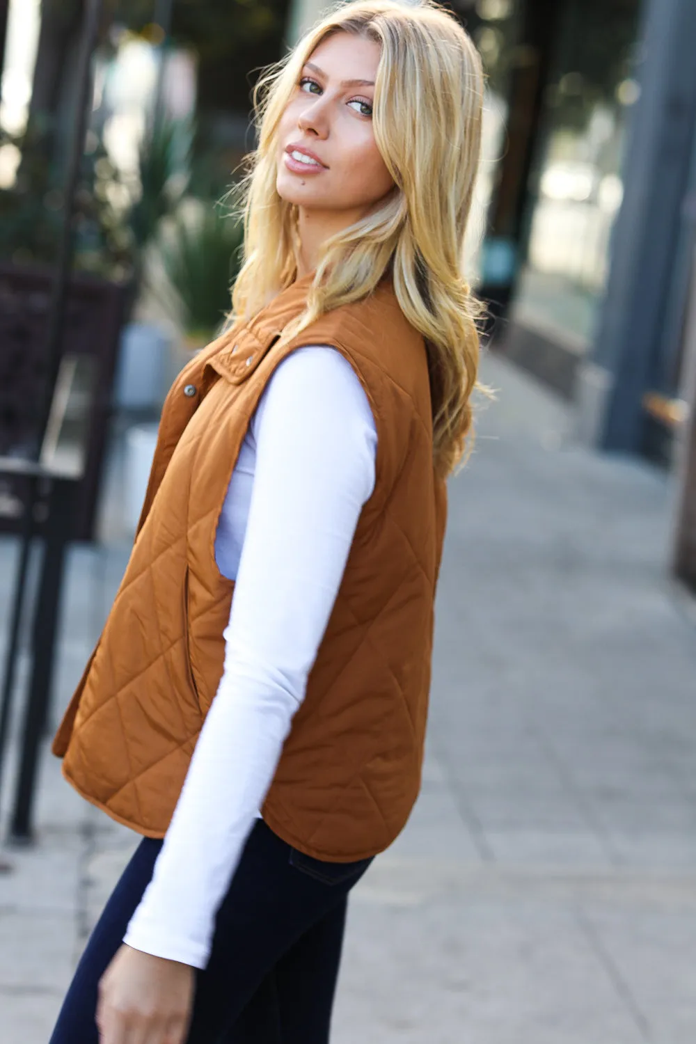 Camel High Neck Quilted Puffer Vest