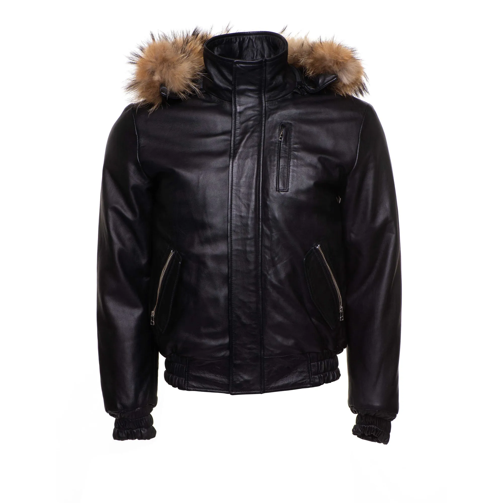 Castillos bomber Winter Leather Jacket with Real fox fur hoodie