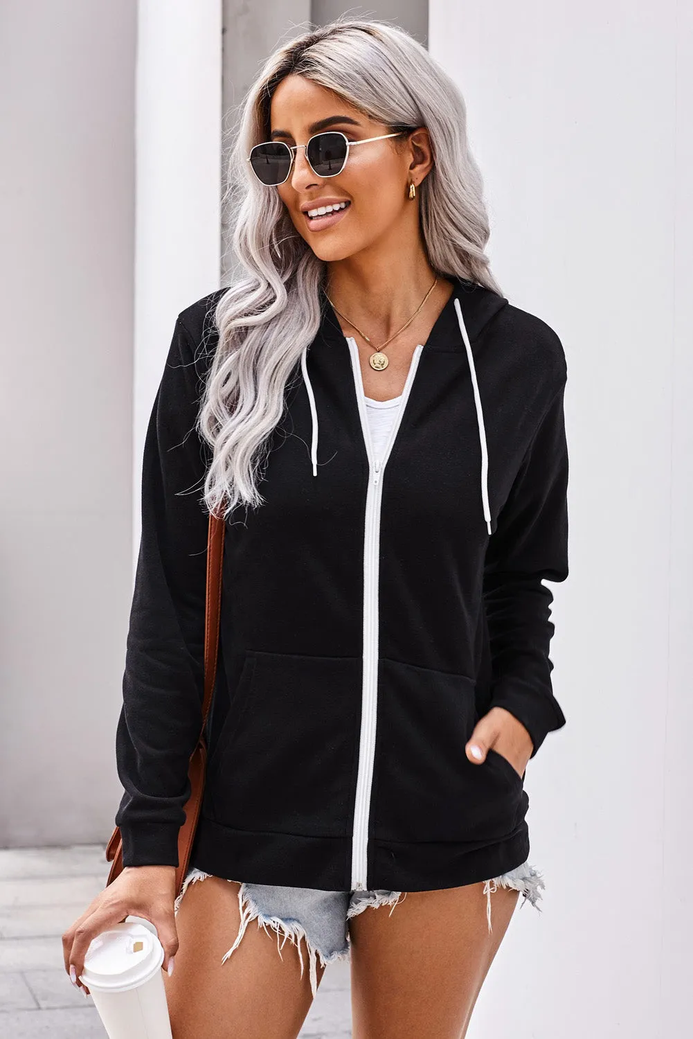 Casual Black Zip-up Hoodie Jacket