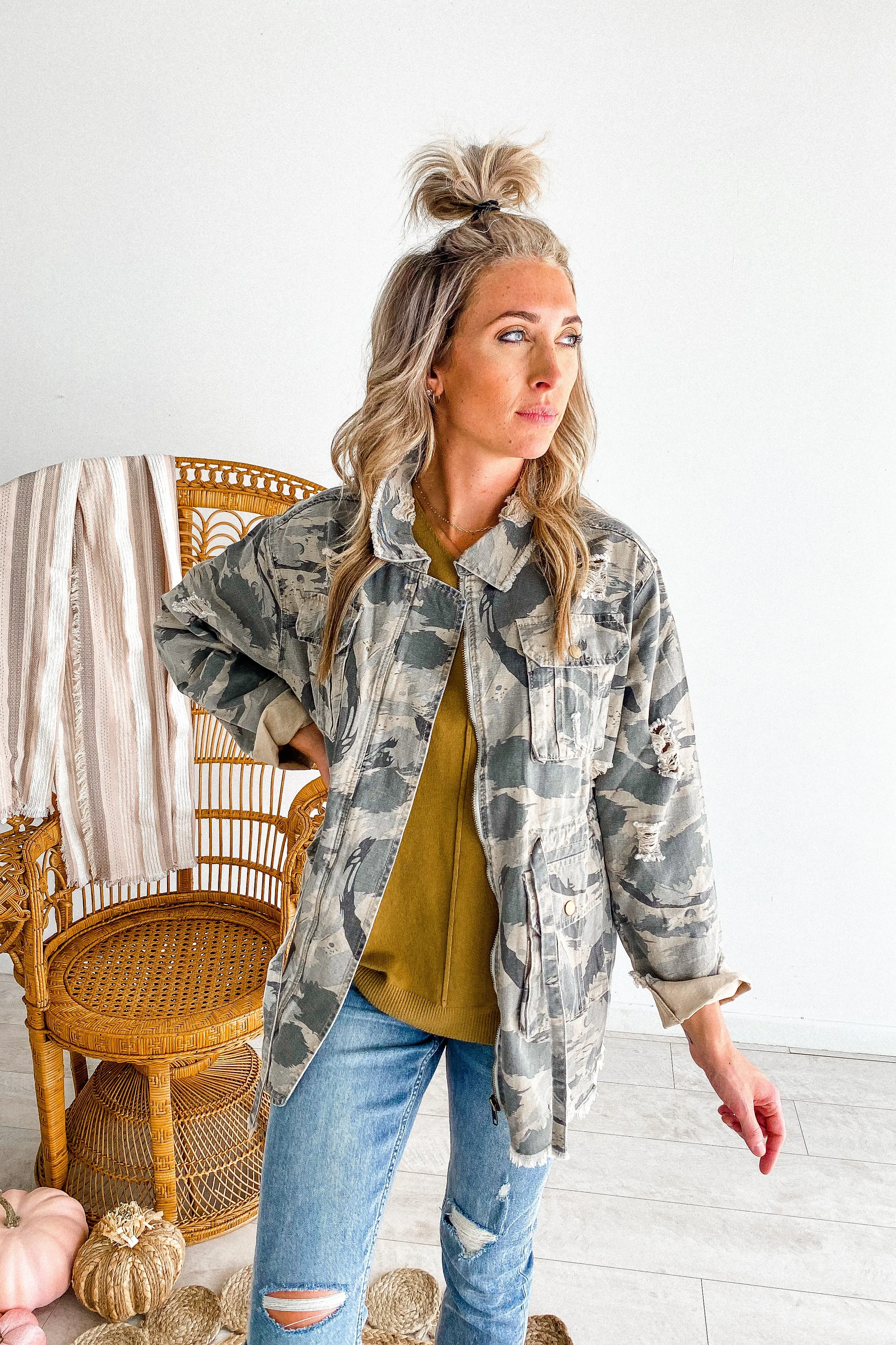 Catch Up Distressed Camo Shacket | FINAL SALE