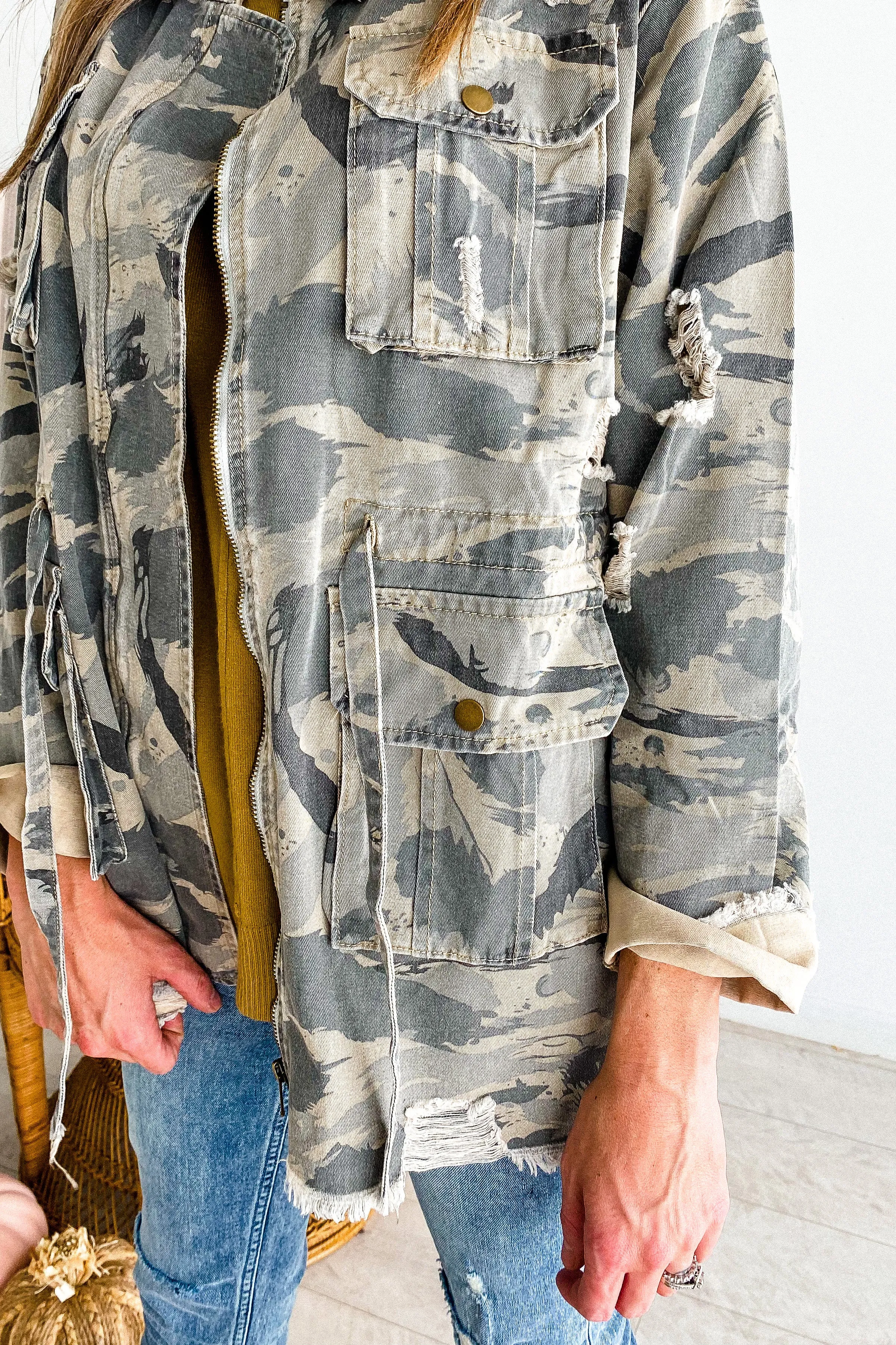 Catch Up Distressed Camo Shacket | FINAL SALE