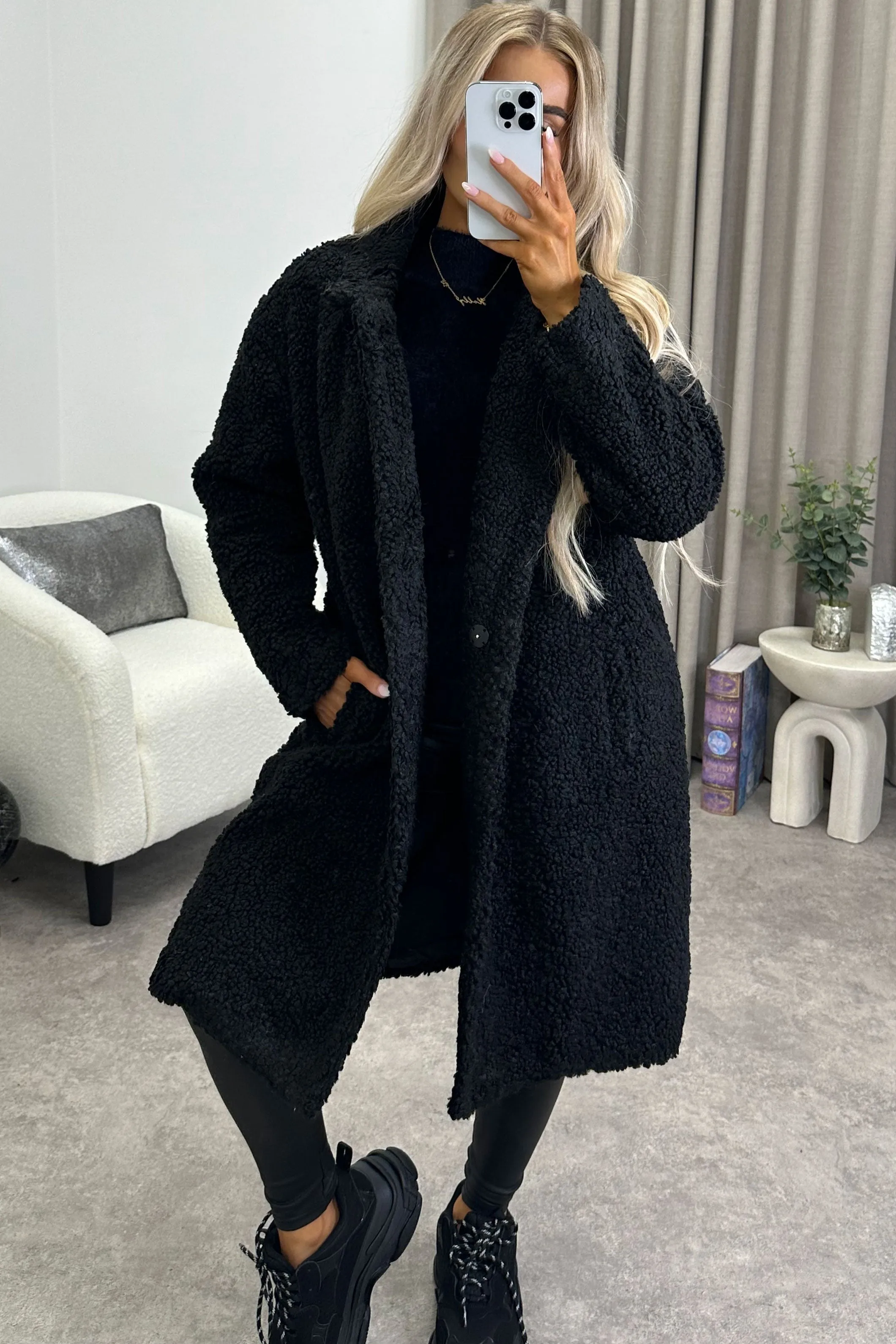 Chanda Black Teddy Borg Button Up Longline Coat