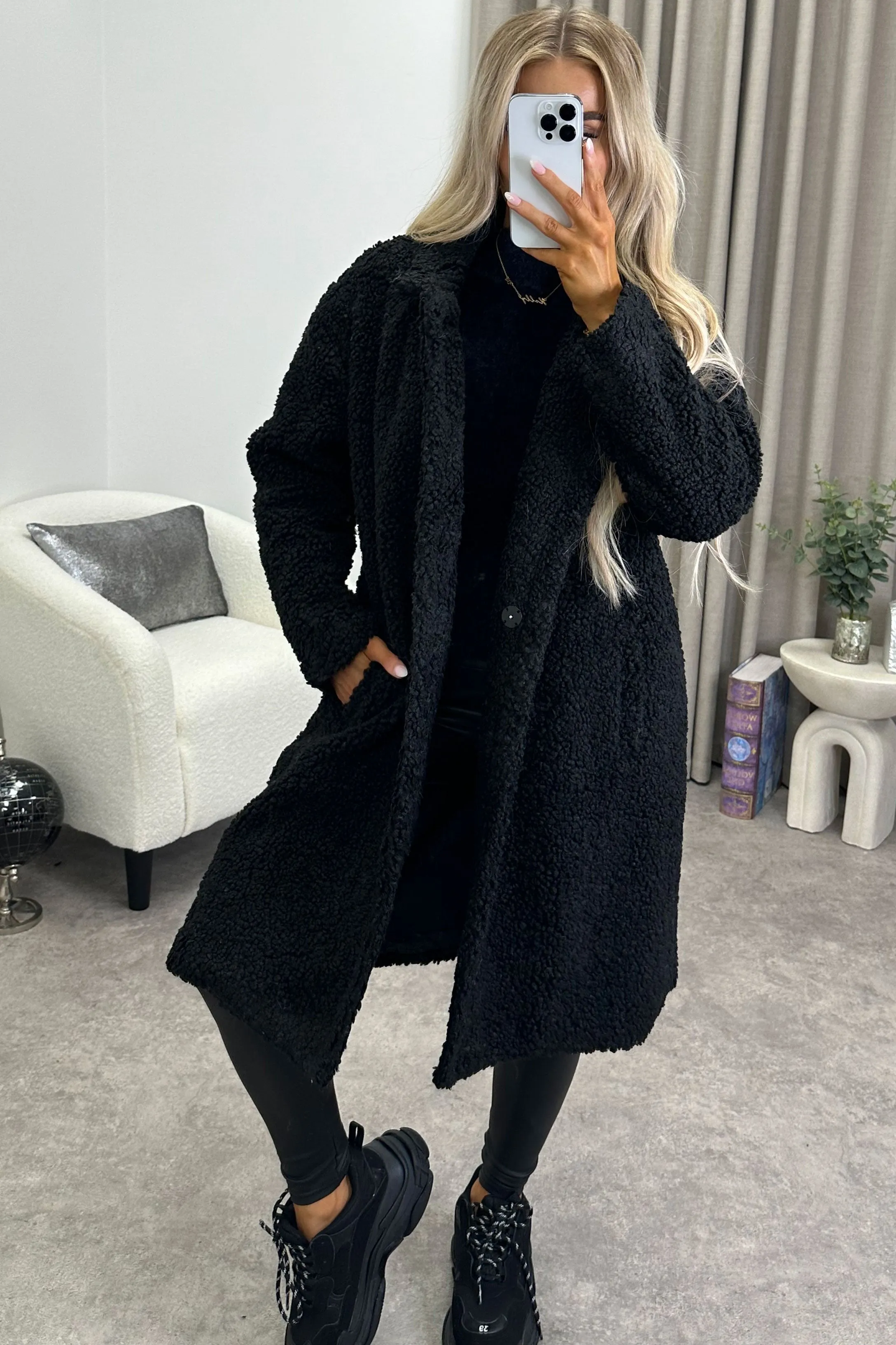 Chanda Black Teddy Borg Button Up Longline Coat