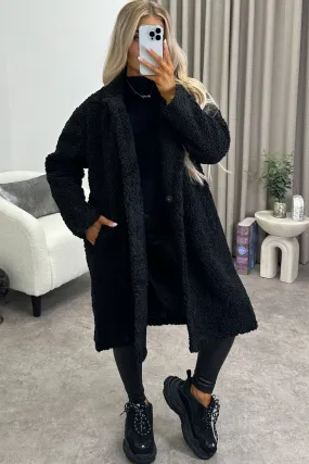 Chanda Black Teddy Borg Button Up Longline Coat