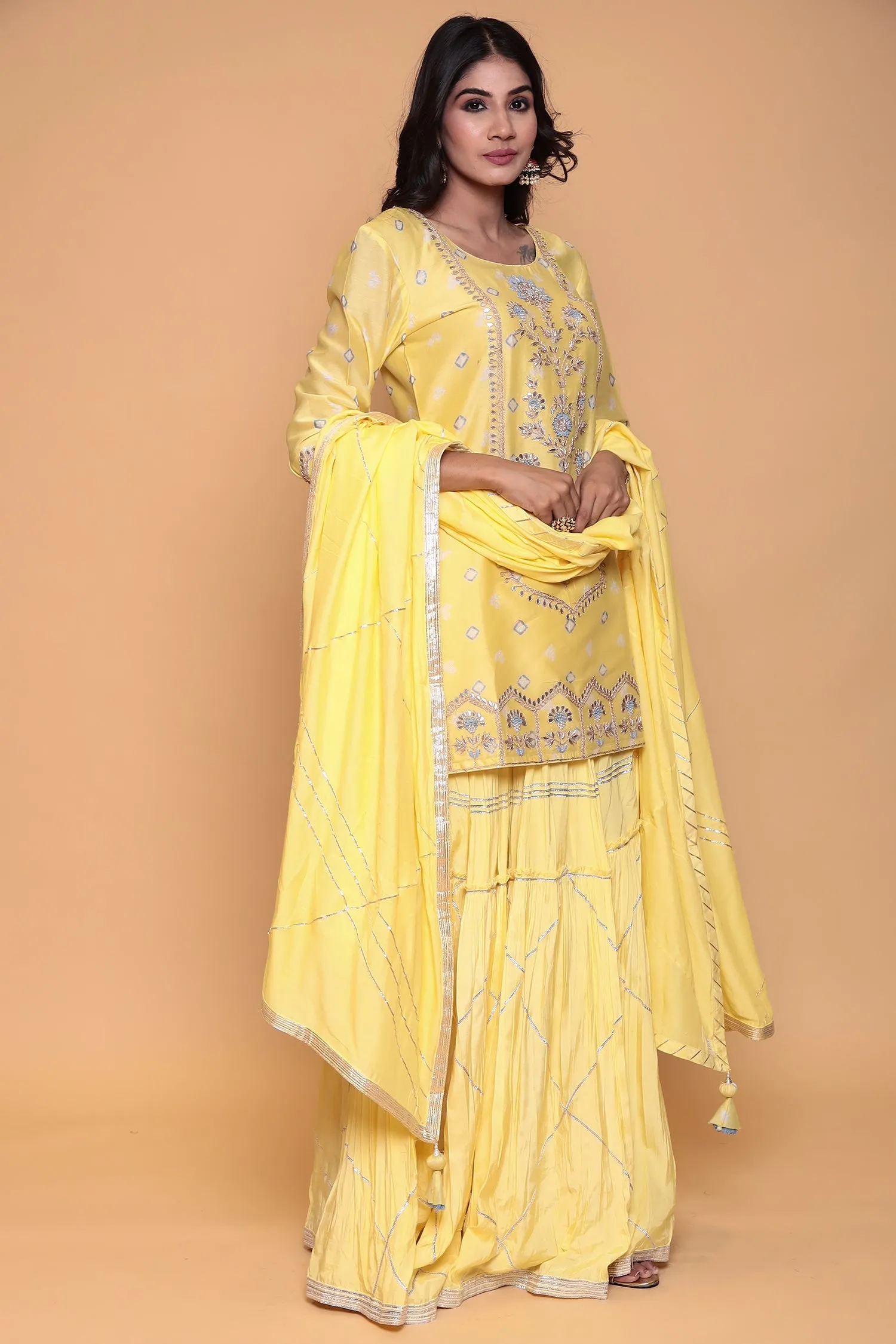 Chanderi Bandhej Suit with Zardozi and Thread work.