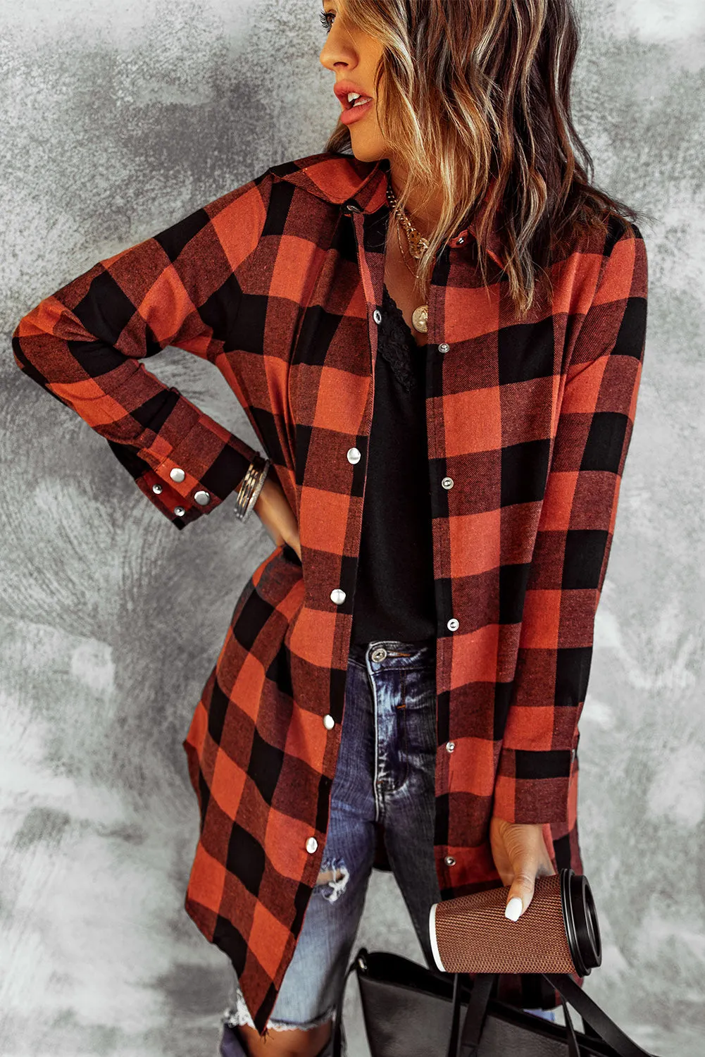 Classic Red Turn-down Collar Plaid Shirt Coat