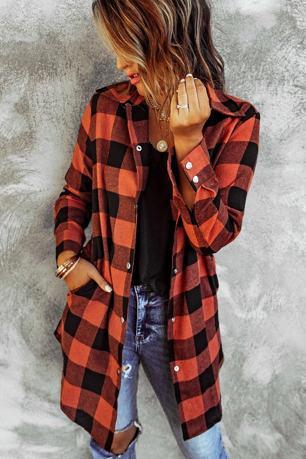 Classic Red Turn-down Collar Plaid Shirt Coat