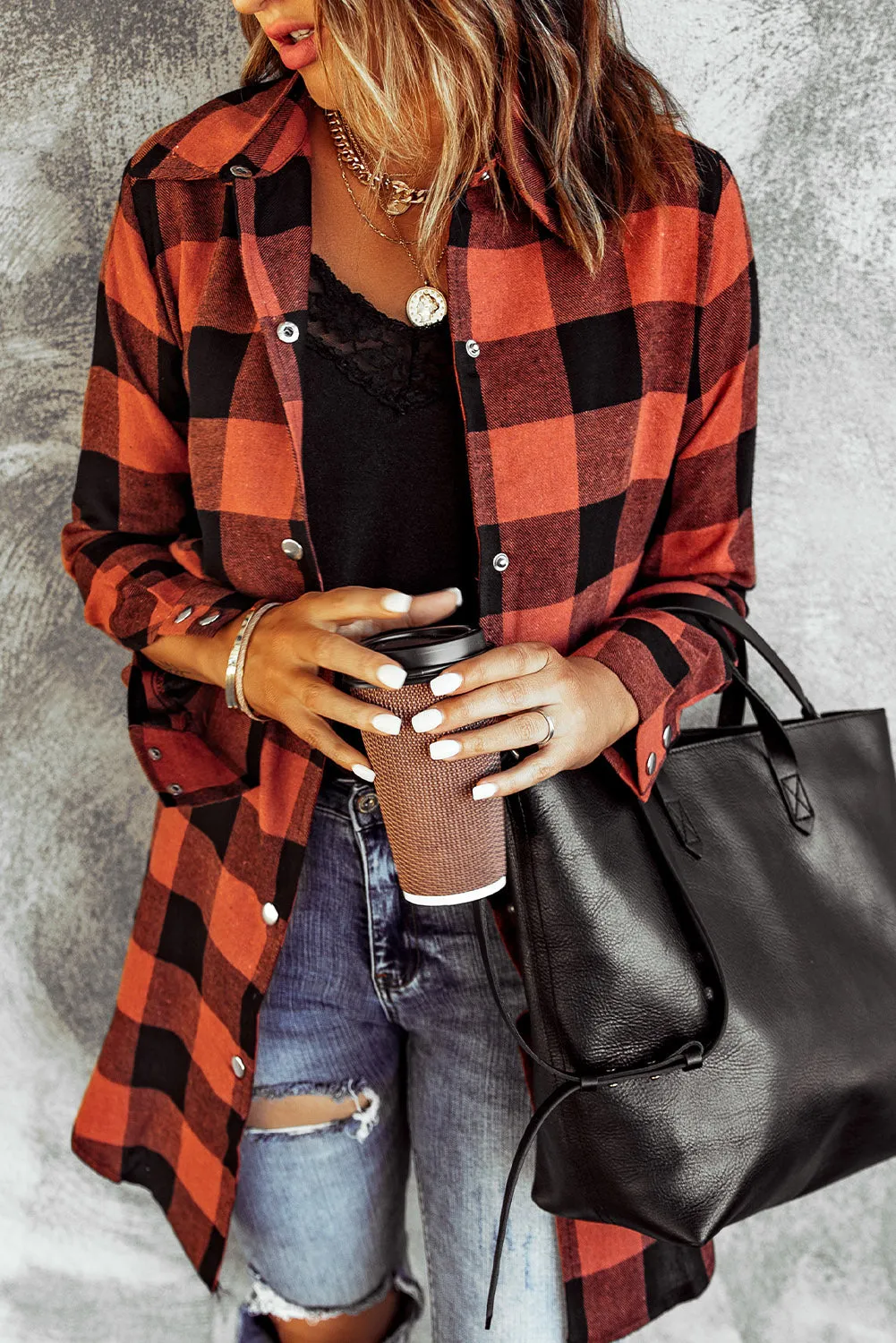 Classic Red Turn-down Collar Plaid Shirt Coat