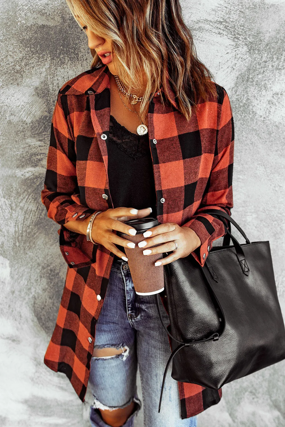 Classic Red Turn-down Collar Plaid Shirt Coat