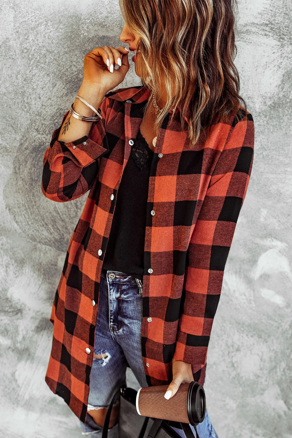 Classic Red Turn-down Collar Plaid Shirt Coat