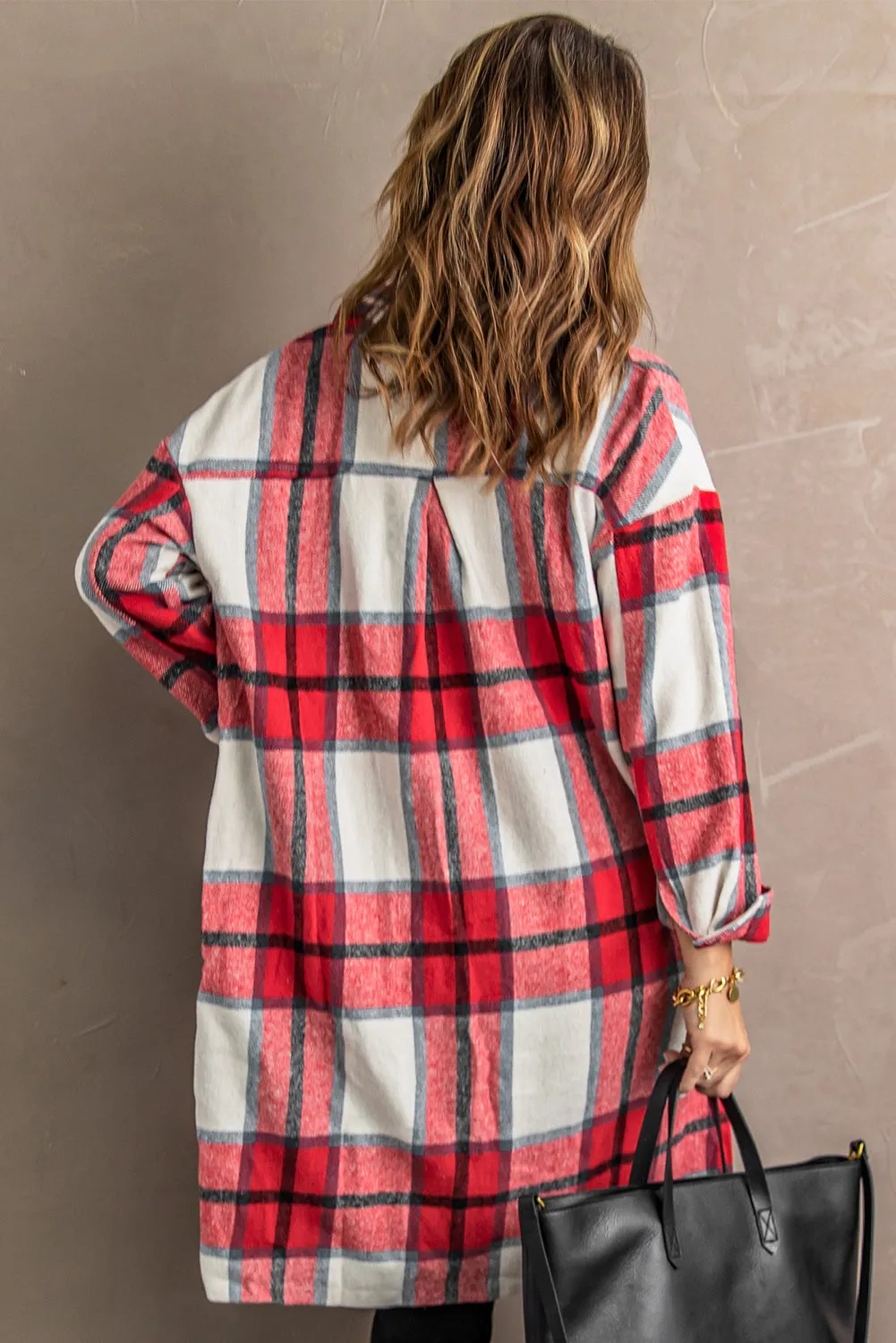 Classic Shirt Collar Button Closure Red Plaid Coat