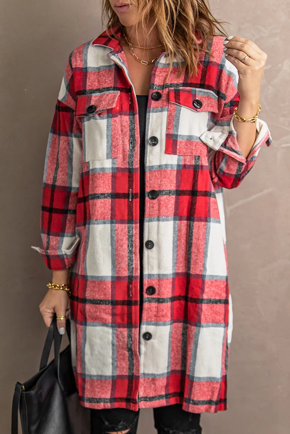 Classic Shirt Collar Button Closure Red Plaid Coat