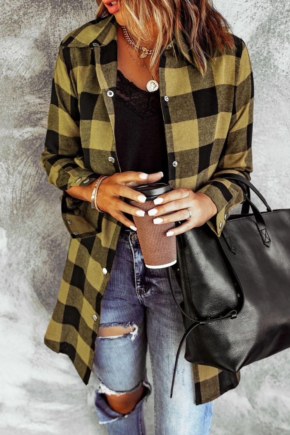 Classic Yellow Turn-down Collar Plaid Shirt Coat