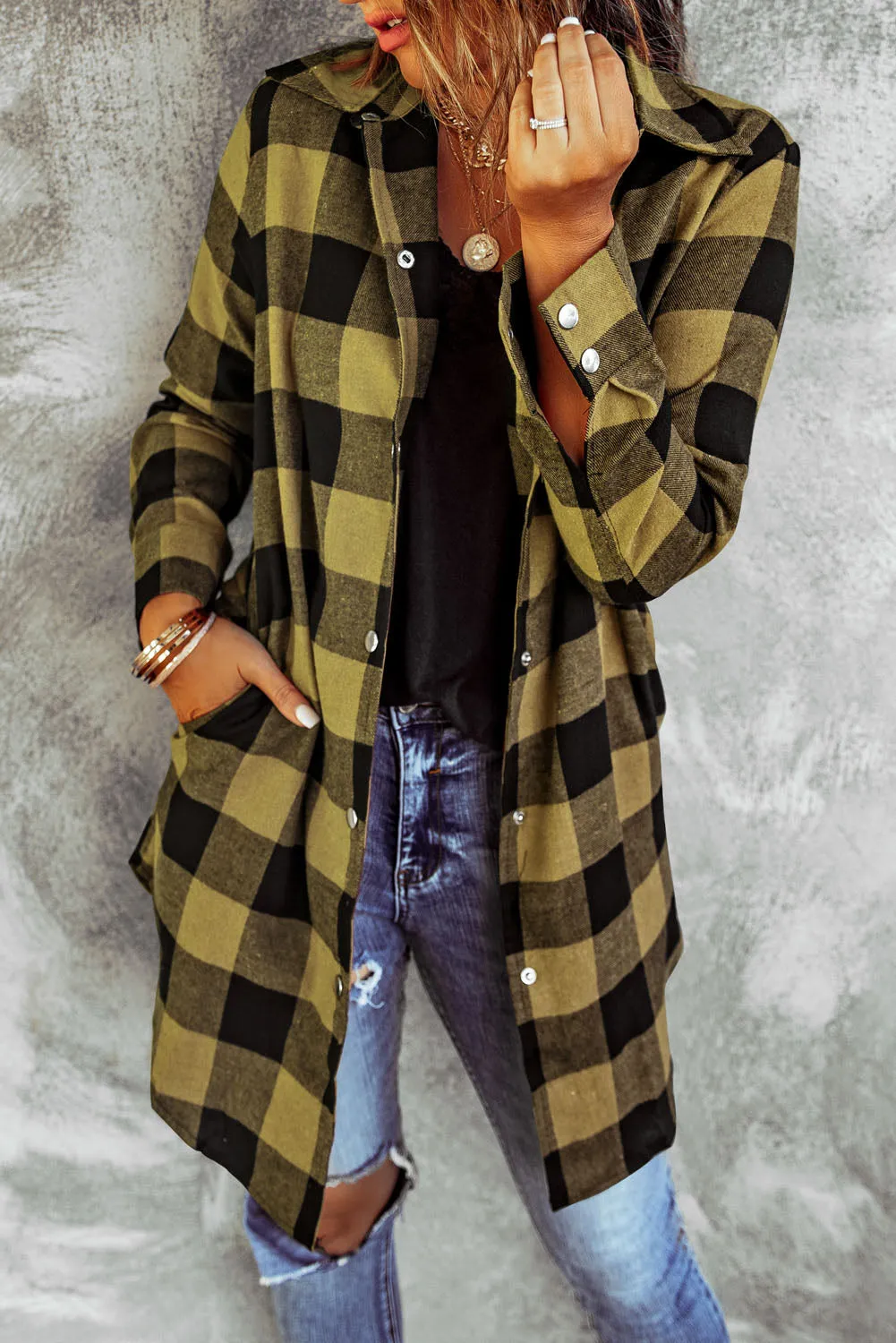 Classic Yellow Turn-down Collar Plaid Shirt Coat