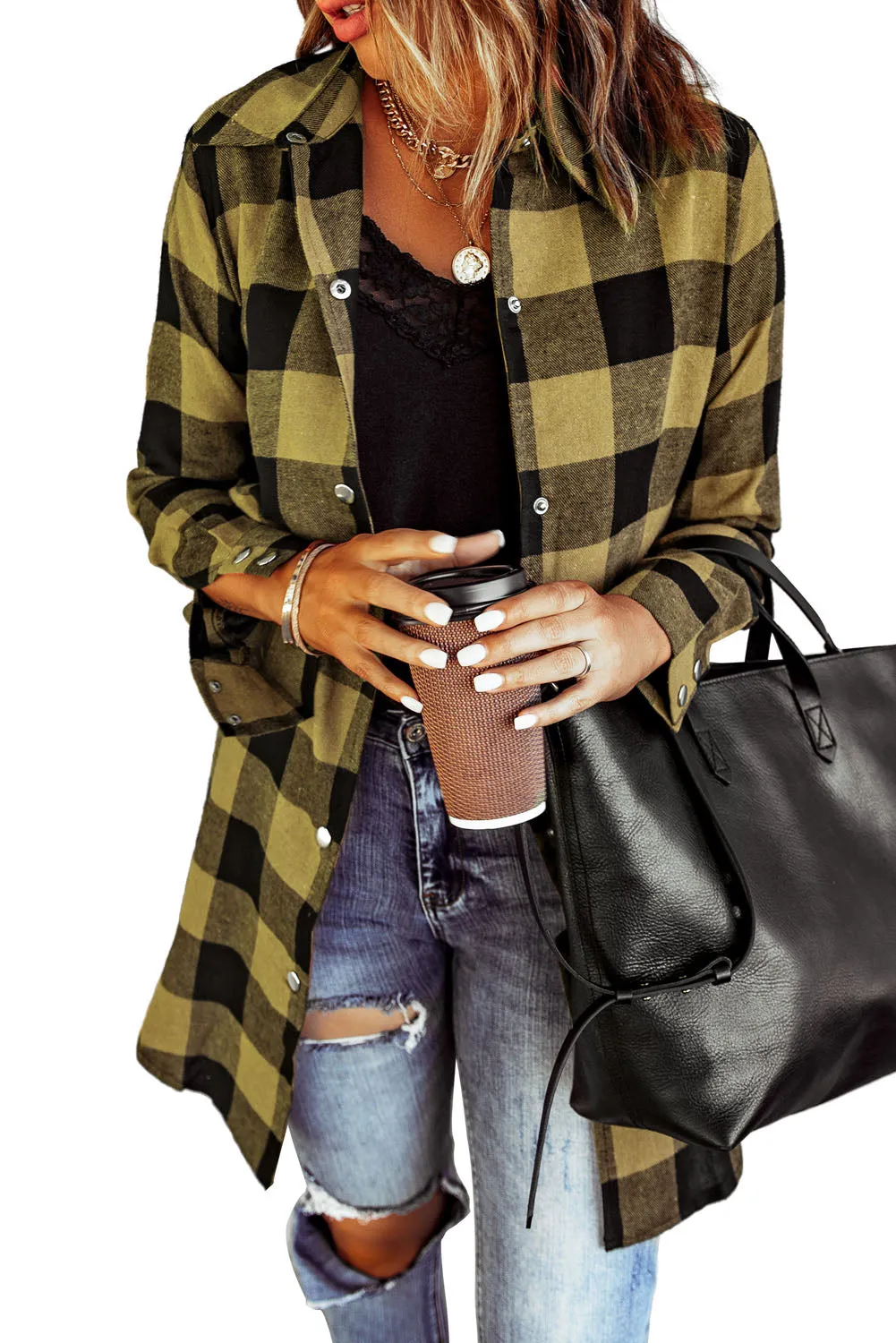 Classic Yellow Turn-down Collar Plaid Shirt Coat