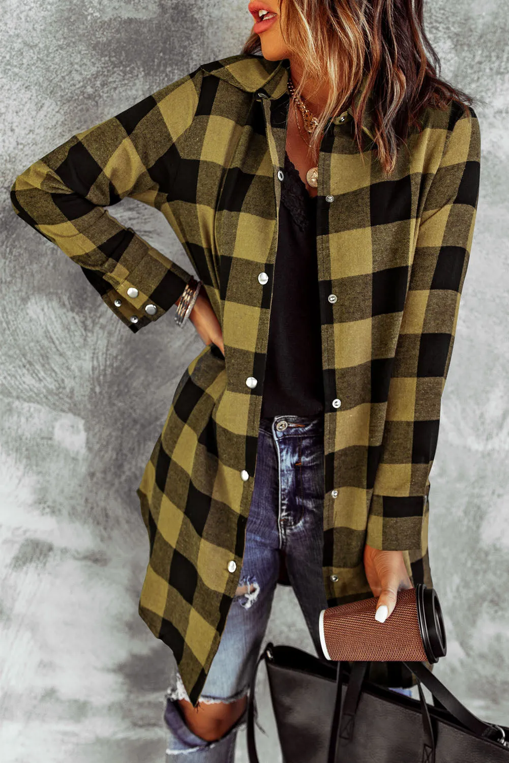 Classic Yellow Turn-down Collar Plaid Shirt Coat