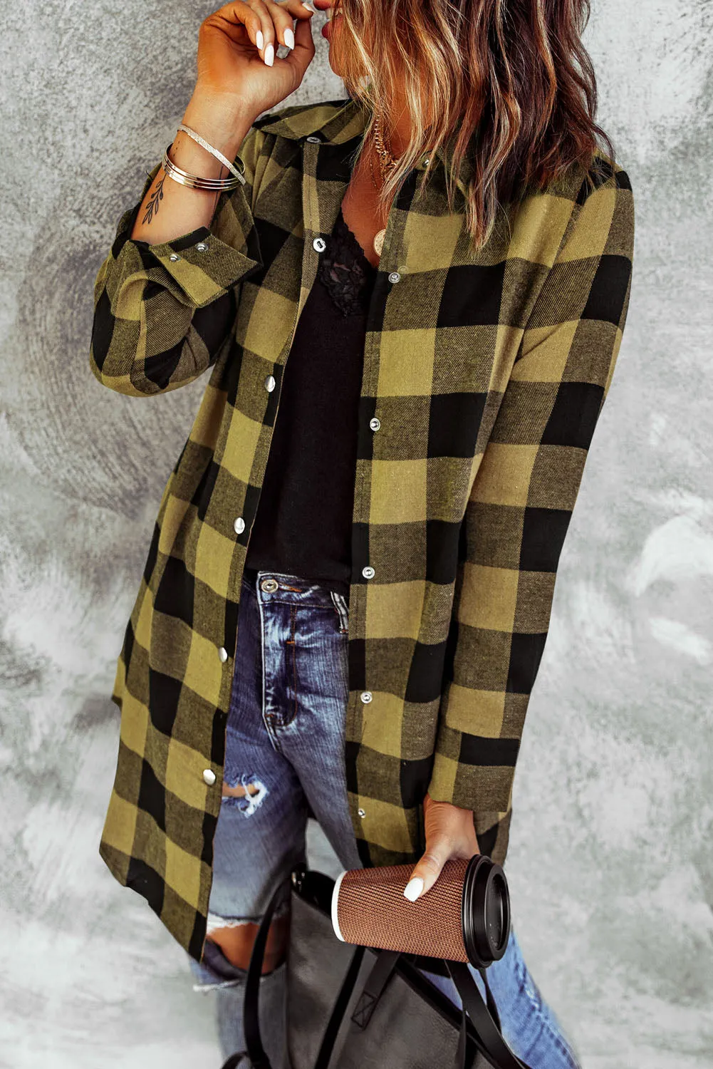 Classic Yellow Turn-down Collar Plaid Shirt Coat